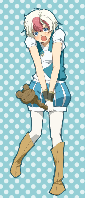 mallow, mellowd, mallow (mario), mario (series), nintendo, super mario rpg, bad id, bad pixiv id, long image, tall image, 1boy, blue eyes, boots, gloves, male focus, multicolored hair, open mouth, pantyhose, personification, solo, stick, two-tone hair, white hair, white pantyhose