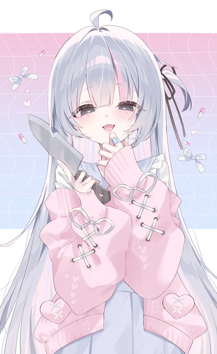 yu o015, original, commentary request, 1girl, ahoge, black eyes, black ribbon, blush, cardigan, choppy bangs, colored inner hair, dress, fang, grey dress, grey hair, hair ribbon, hands up, heart, heart-shaped pupils, holding, holding knife, knife, long hair, long sleeves, looking at viewer, multicolored hair, one side up, open mouth, pill, pink cardigan, ribbon, skin fang, smile, solo, symbol-shaped pupils, upper body