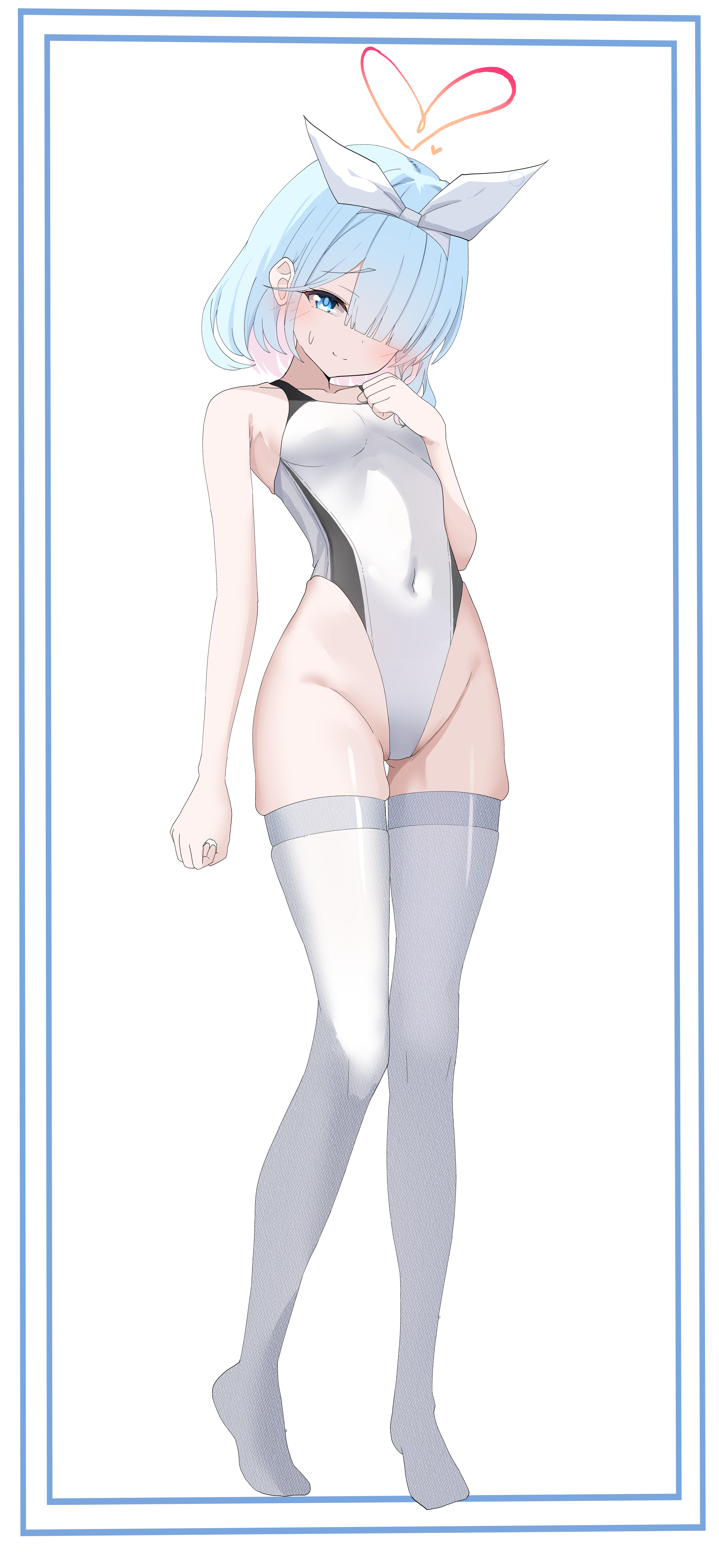 wodubian, arona (blue archive), blue archive, absurdres, commentary request, highres, 1girl, bare shoulders, blue eyes, blue hair, bow hairband, braid, breasts, colored inner hair, competition school swimsuit, competition swimsuit, covered navel, full body, hair over one eye, hairband, halo, heart, heart halo, highleg, highleg one-piece swimsuit, looking at viewer, multicolored hair, one-piece swimsuit, one eye covered, pink hair, red halo, school swimsuit, simple background, single braid, skindentation, small breasts, solo, swimsuit, thighhighs, thighs, two-tone hair, two-tone swimsuit, white background, white hairband, white thighhighs