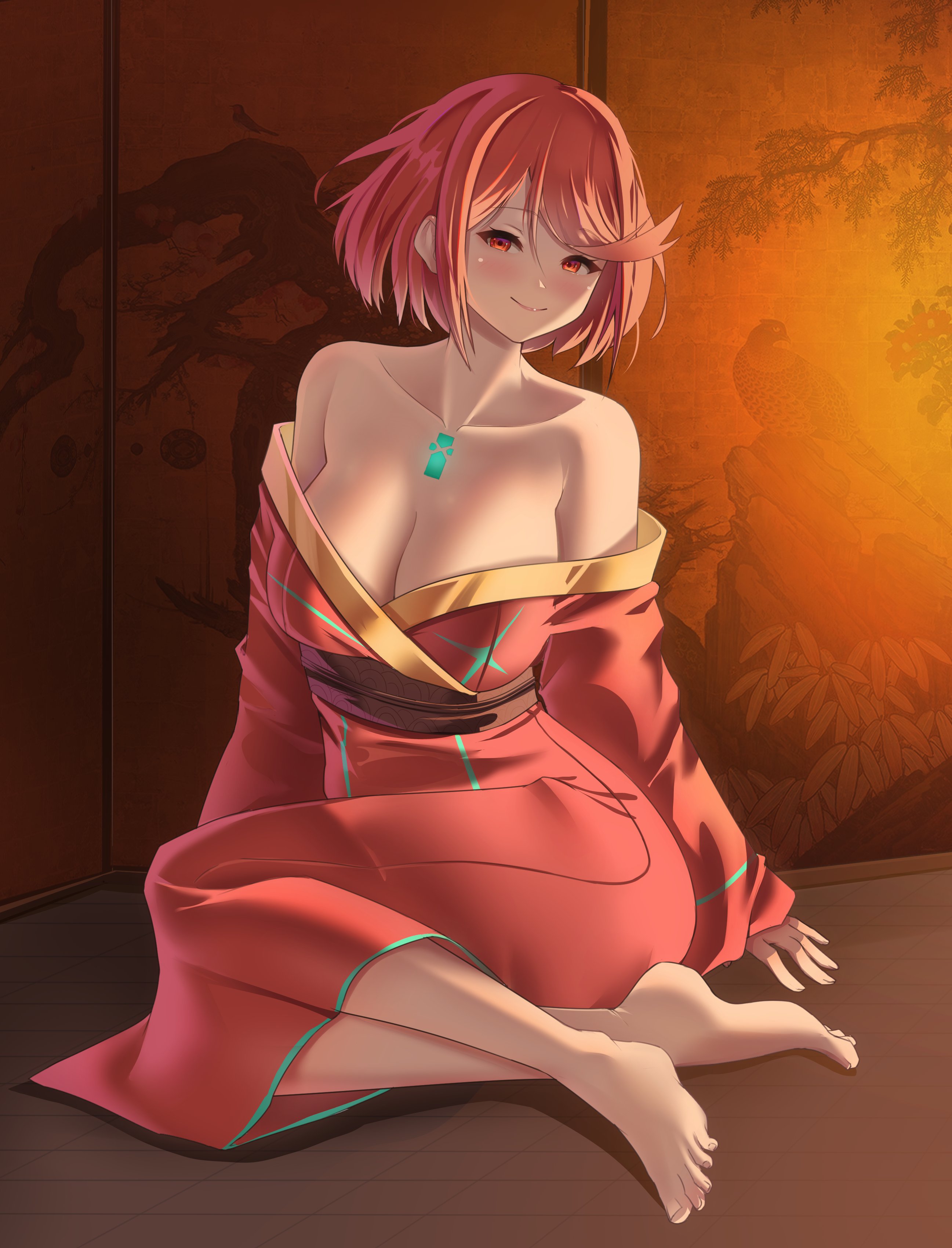 succducc888, pyra (xenoblade), xenoblade chronicles (series), xenoblade chronicles 2, absurdres, commentary, english commentary, highres, 1girl, bare shoulders, breasts, chest jewel, collarbone, core crystal (xenoblade), full body, indoors, japanese clothes, kimono, large breasts, off shoulder, red eyes, red hair, red kimono, short hair, solo