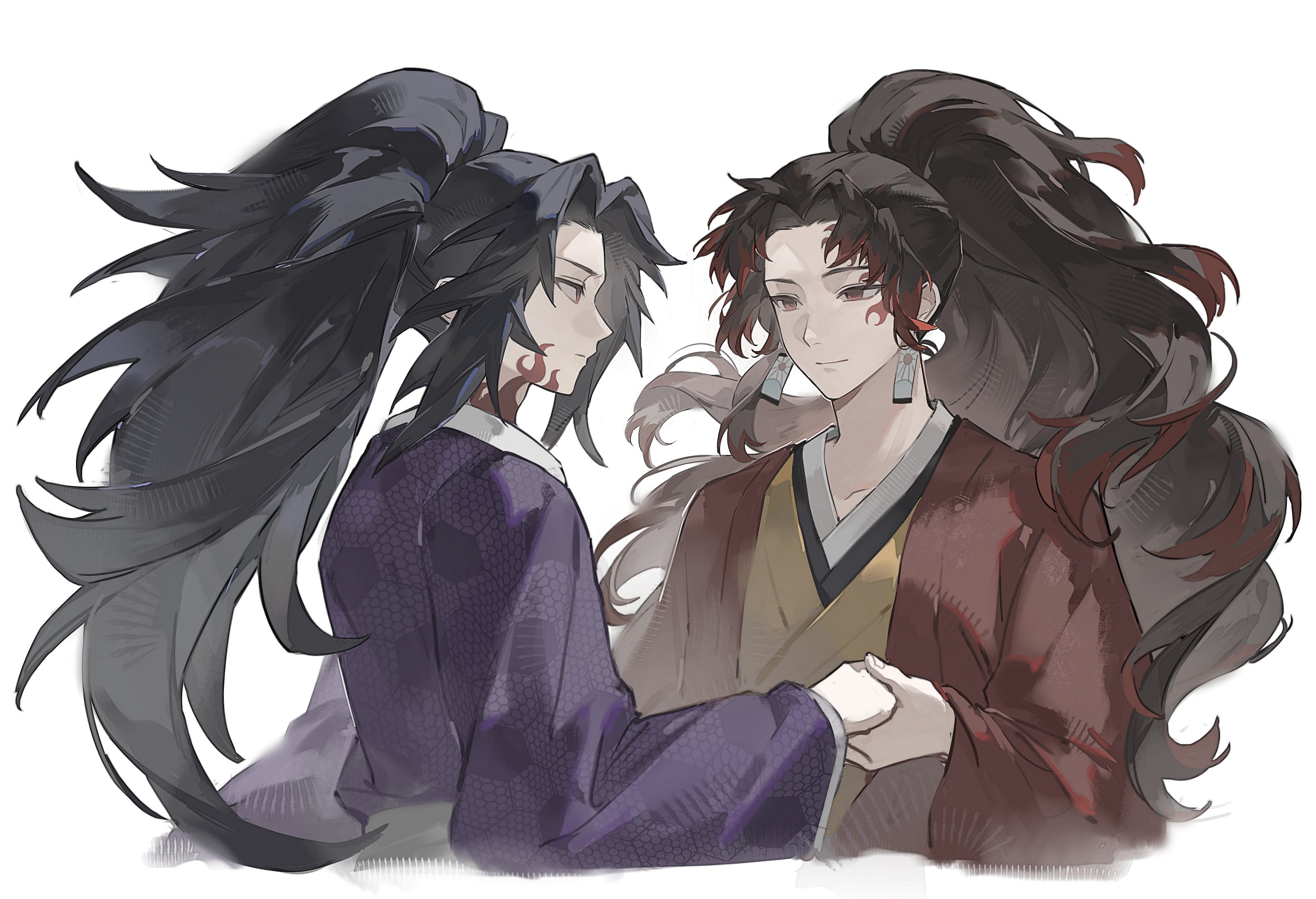 huz (a1438758295), kokushibou, tsugikuni yoriichi, kimetsu no yaiba, commentary request, highres, 2boys, black hair, brothers, brown hair, closed mouth, collarbone, cropped torso, earrings, eye contact, facial mark, forehead mark, holding hands, japanese clothes, jewelry, kimono, long hair, long sleeves, looking at another, male focus, multicolored hair, multiple boys, parted bangs, ponytail, purple kimono, red hair, siblings, simple background, smile, twins, two-tone hair, white background, wide sleeves