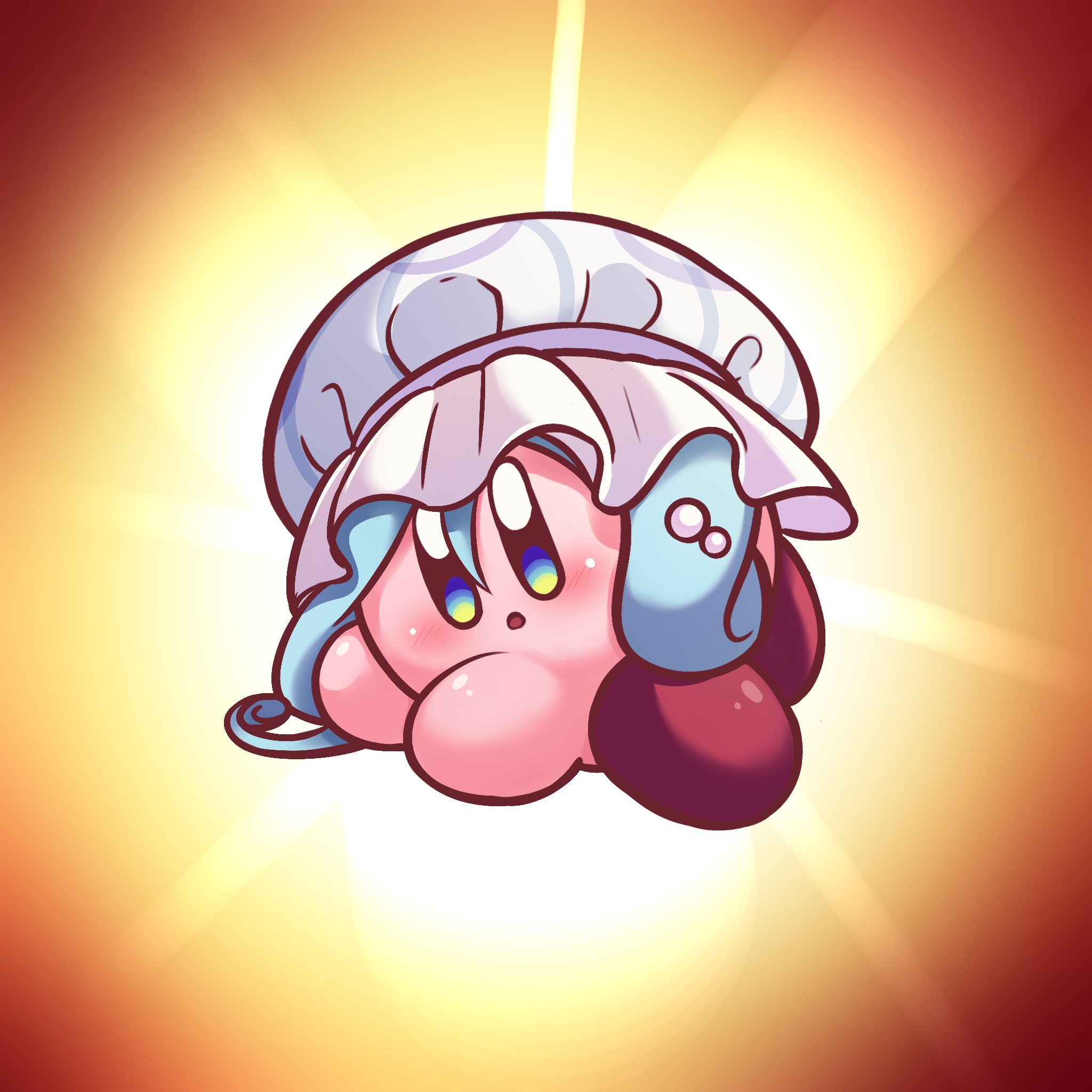 parmesan (zan parmesanne), kirby, jikkyou powerful pro yakyuu, kirby (series), nintendo, power pro appli, commentary request, highres, :o, aqua eyes, aqua hair, awase marina, awase marina (cosplay), black eyes, blue eyes, copy ability, cosplay, crossover, gradient eyes, hair between eyes, hat, multicolored eyes, open mouth, pearl hair ornament, solo, white hat, yellow eyes