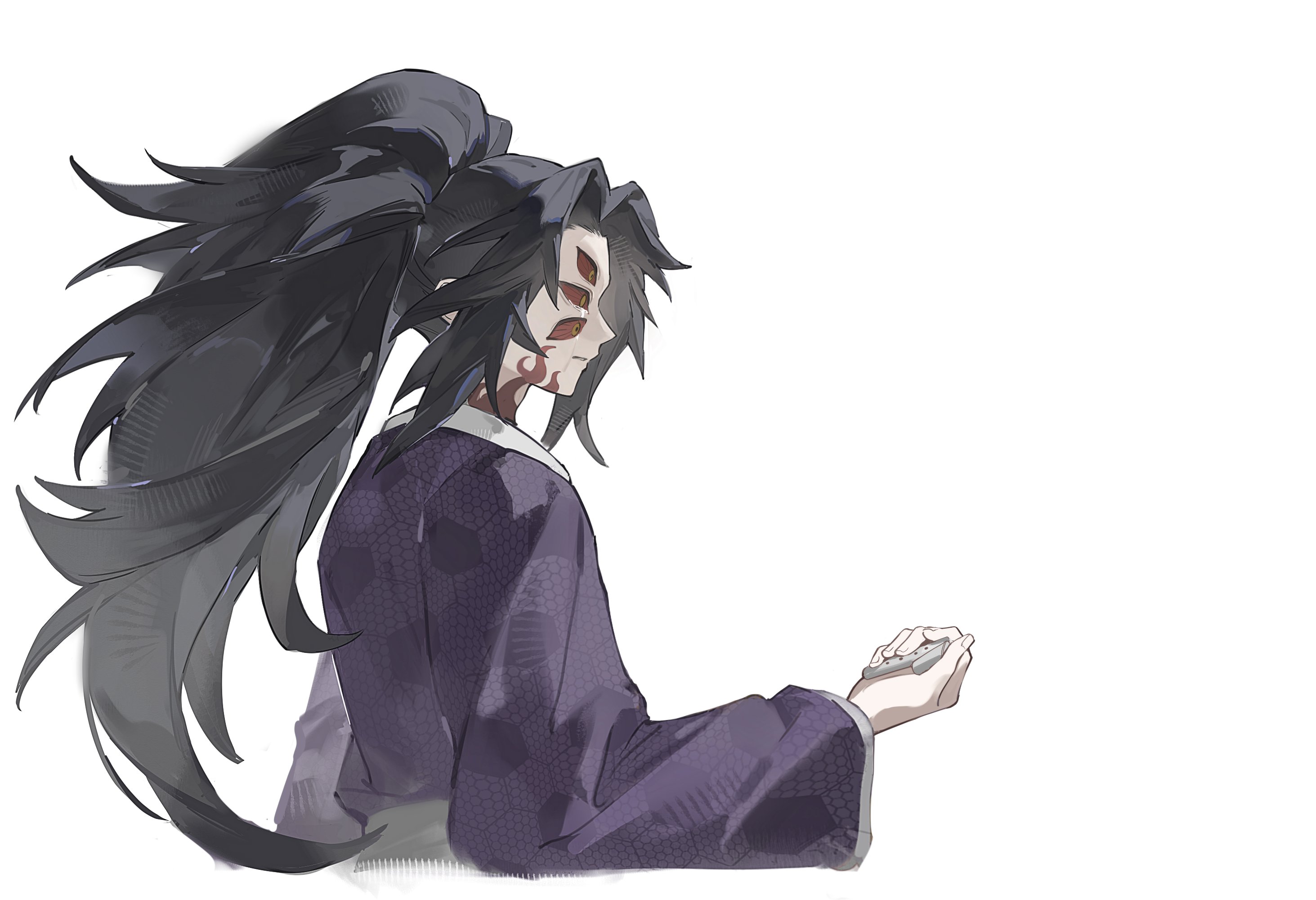 huz (a1438758295), kokushibou, kimetsu no yaiba, commentary request, highres, 1boy, black hair, colored sclera, cropped torso, crying, extra eyes, facial mark, from side, high ponytail, japanese clothes, kimono, long hair, male focus, parted lips, ponytail, purple kimono, red sclera, solo, tears, yellow eyes