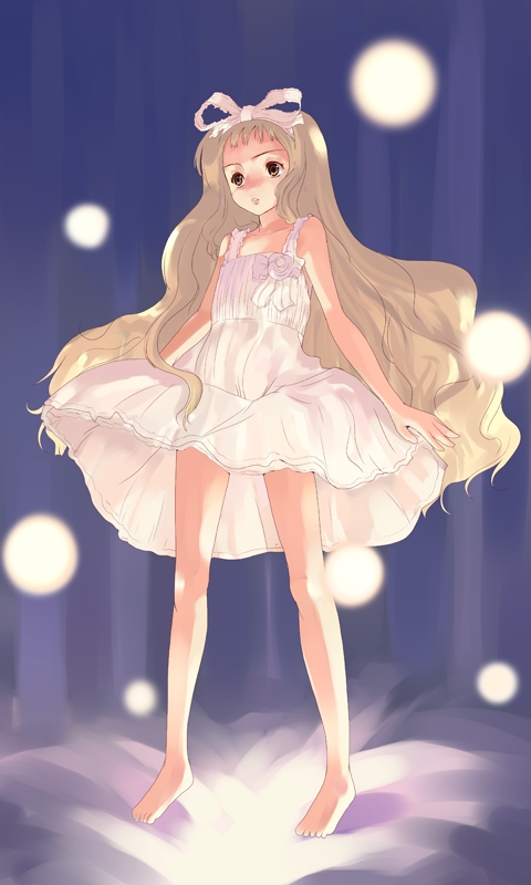 natori (natorism), barefoot, blonde hair, child, dress, hair ribbon, long hair, ribbon, solo