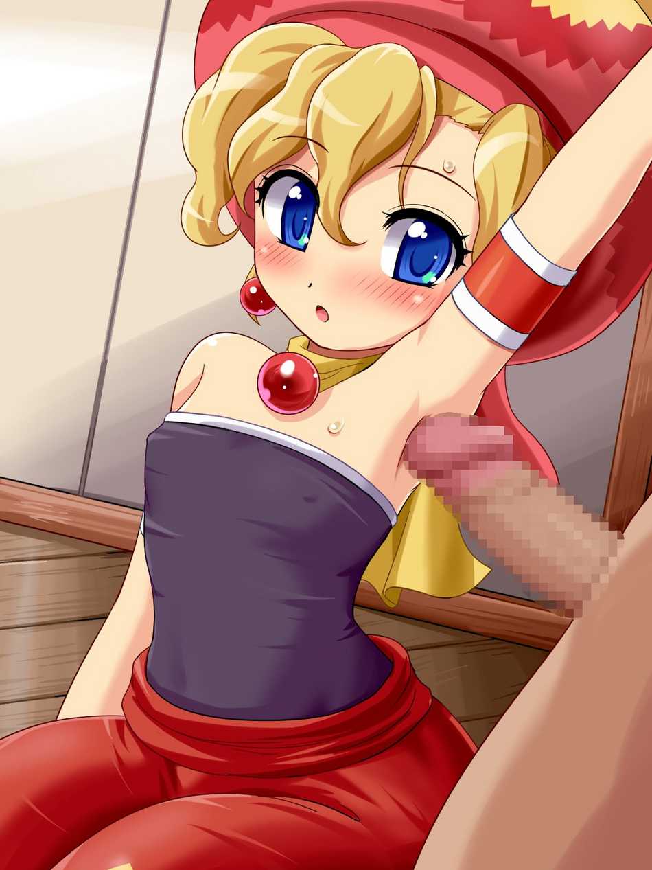 konpeto, relm arrowny, final fantasy, final fantasy vi, highres, 1990s (style), armpit sex, armpits, beret, blonde hair, blue eyes, blush, censored, covered erect nipples, dark-skinned male, dark penis, dark skin, flat chest, hat, loli, open mouth, penis, retro artstyle, sweat