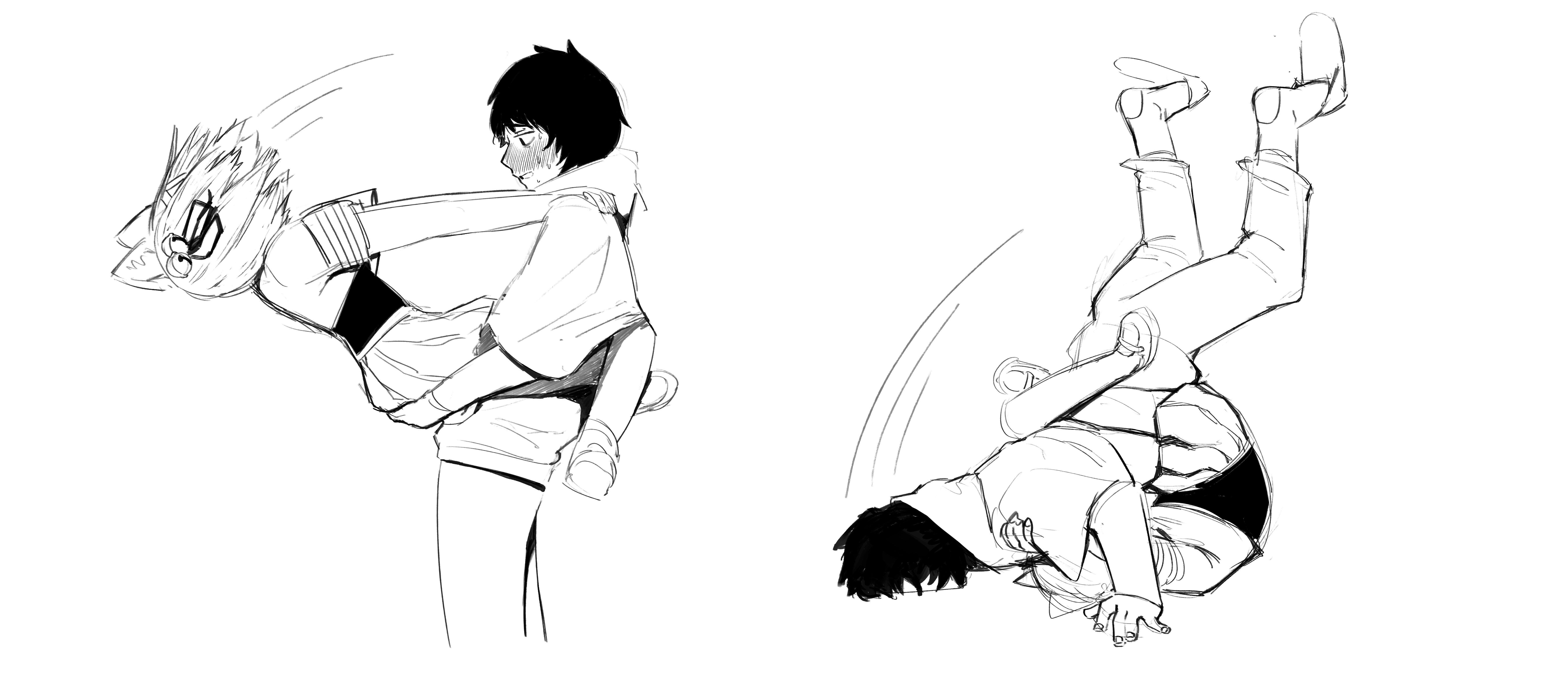 otjareniy, filian (vtuber), vedal987, indie virtual youtuber, absurdres, highres, 1boy, 1girl, animal ears, bell, cat ears, cat girl, fingernails, greyscale, hair bell, hair ornament, hair ribbon, monochrome, motion lines, pants, ribbon, shirt, shoes, short hair, short sleeves, simple background, skirt, suplex, vedal ai, virtual youtuber, white background