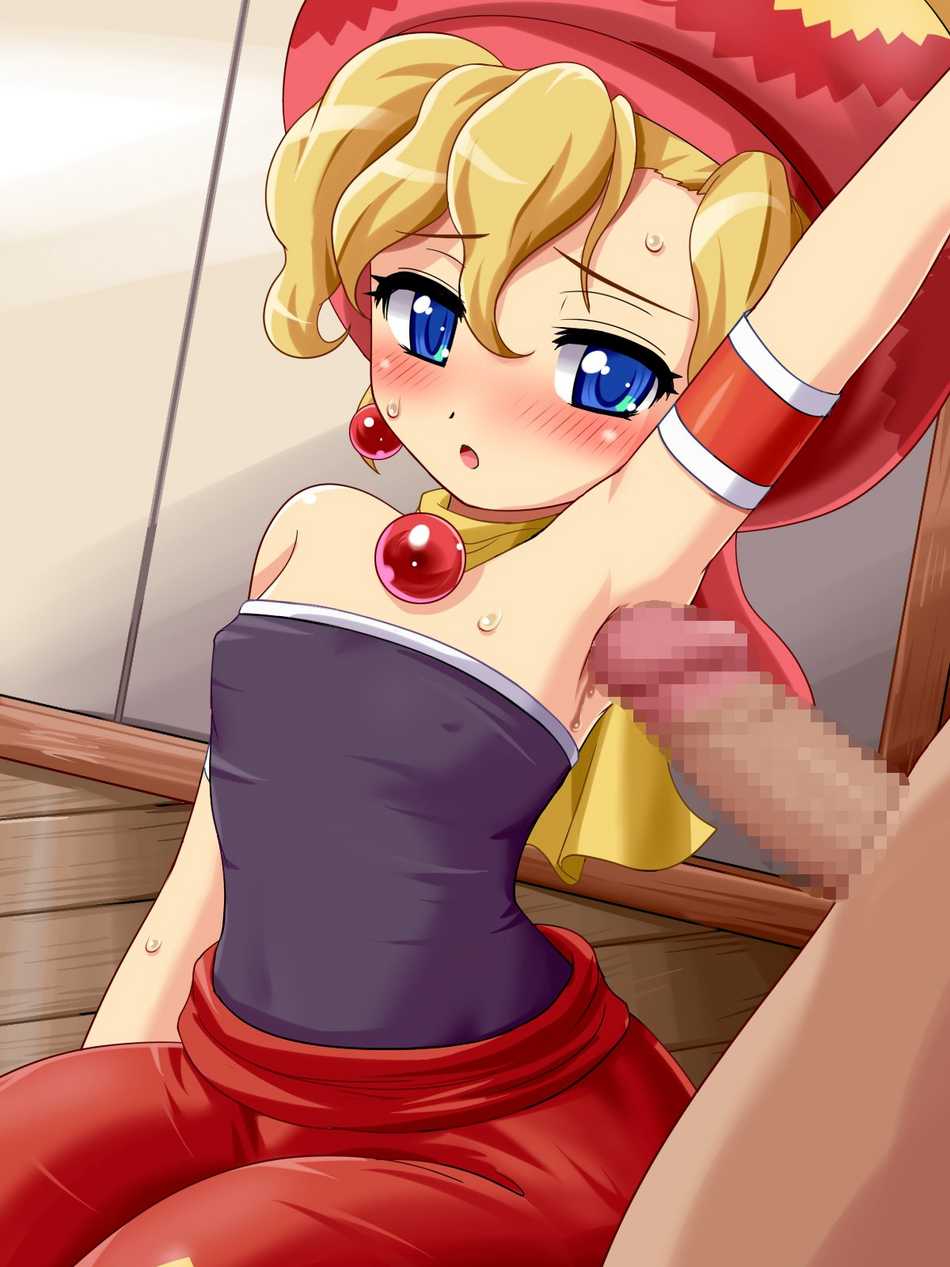 konpeto, relm arrowny, final fantasy, final fantasy vi, highres, 1990s (style), armpit sex, armpits, beret, blonde hair, blue eyes, blush, censored, covered erect nipples, dark-skinned male, dark penis, dark skin, flat chest, hat, loli, open mouth, penis, precum, retro artstyle, sweat