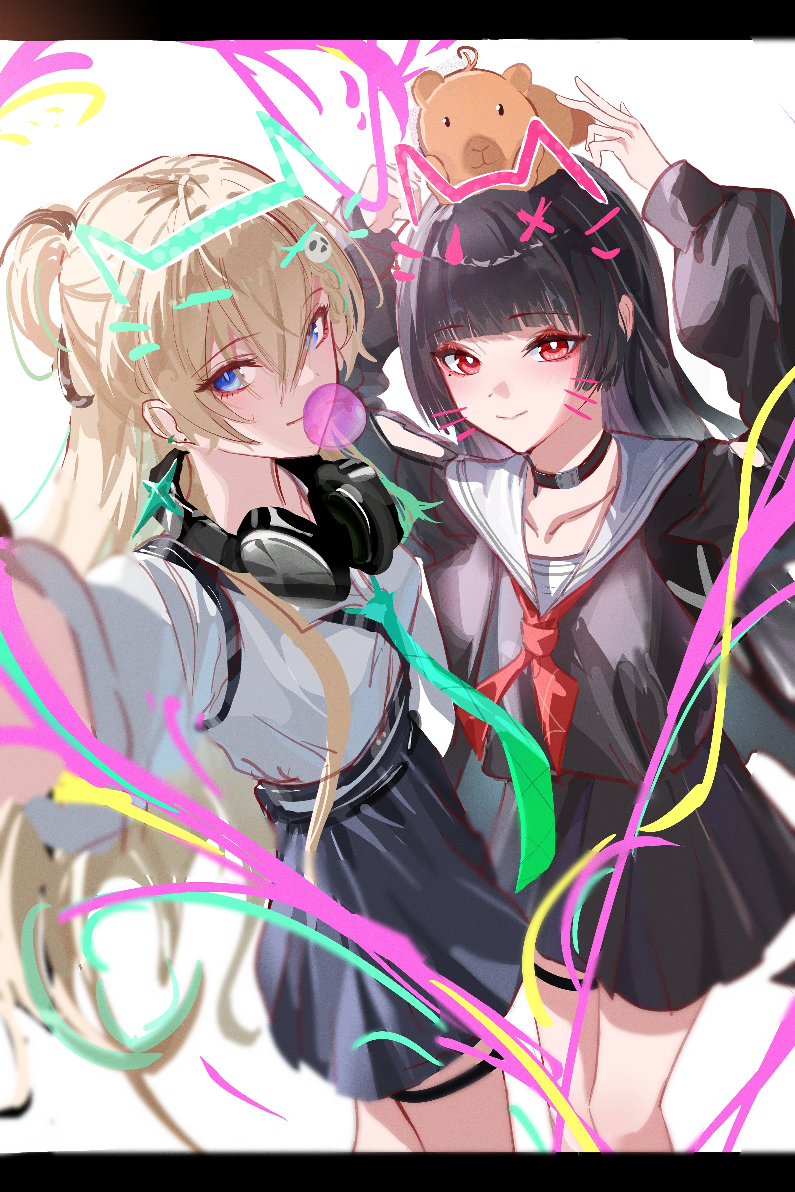 seeyouu73, chisa (wuthering waves), lynae (wuthering waves), wuthering waves, absurdres, commentary request, highres, 2girls, aqua necktie, arm cutout, black choker, black hair, black jacket, black shirt, blonde hair, blowing bubble gum, blue eyes, blunt bangs, breasts, bright pupils, chewing gum, choker, clothing cutout, collarbone, collared shirt, earrings, hair between eyes, hand up, jacket, jewelry, long hair, long sleeves, looking at viewer, multiple girls, namipon (wuthering waves), neckerchief, necktie, red eyes, red neckerchief, shirt, star (symbol), star earrings, taking picture, white background, white pupils, white shirt