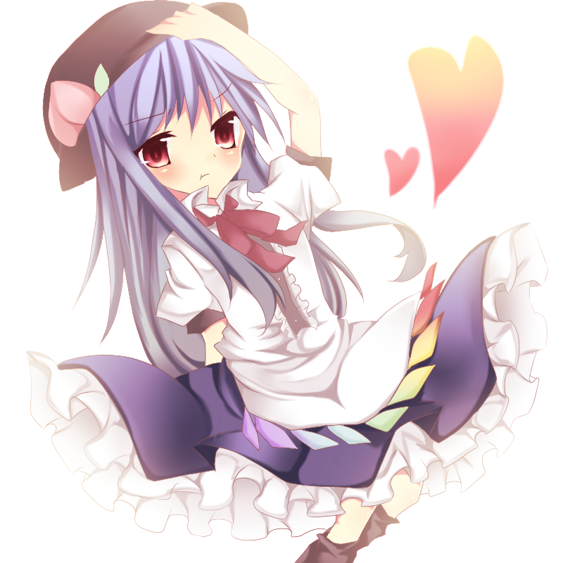 nayuta (artist), nayuta (scarlet-noize), hinanawi tenshi, touhou, black legwear, bad id, bad pixiv id, md5 mismatch, 1girl, angry, arm behind back, black hat, blue hair, blue skirt, bow, bowtie, closed mouth, cowboy shot, eyelashes, female focus, food, fruit, hand on headwear, hat, heart, long hair, looking at viewer, peach, pout, puffy short sleeves, puffy sleeves, red bow, red bowtie, red eyes, shirt, short sleeves, simple background, skirt, skirt set, solo, white background, white shirt