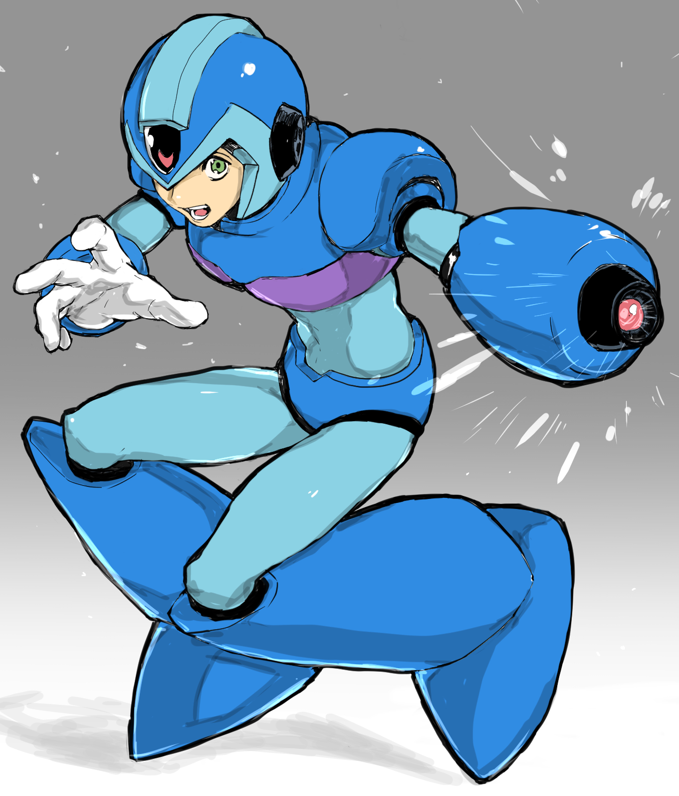 x (mega man), mega man (series), mega man x (series), commentary request, highres, 1boy, arm cannon, armor, blue armor, blue helmet, forehead jewel, full body, green eyes, grey background, helmet, mattyaoishi, powering up, simple background, solo, weapon