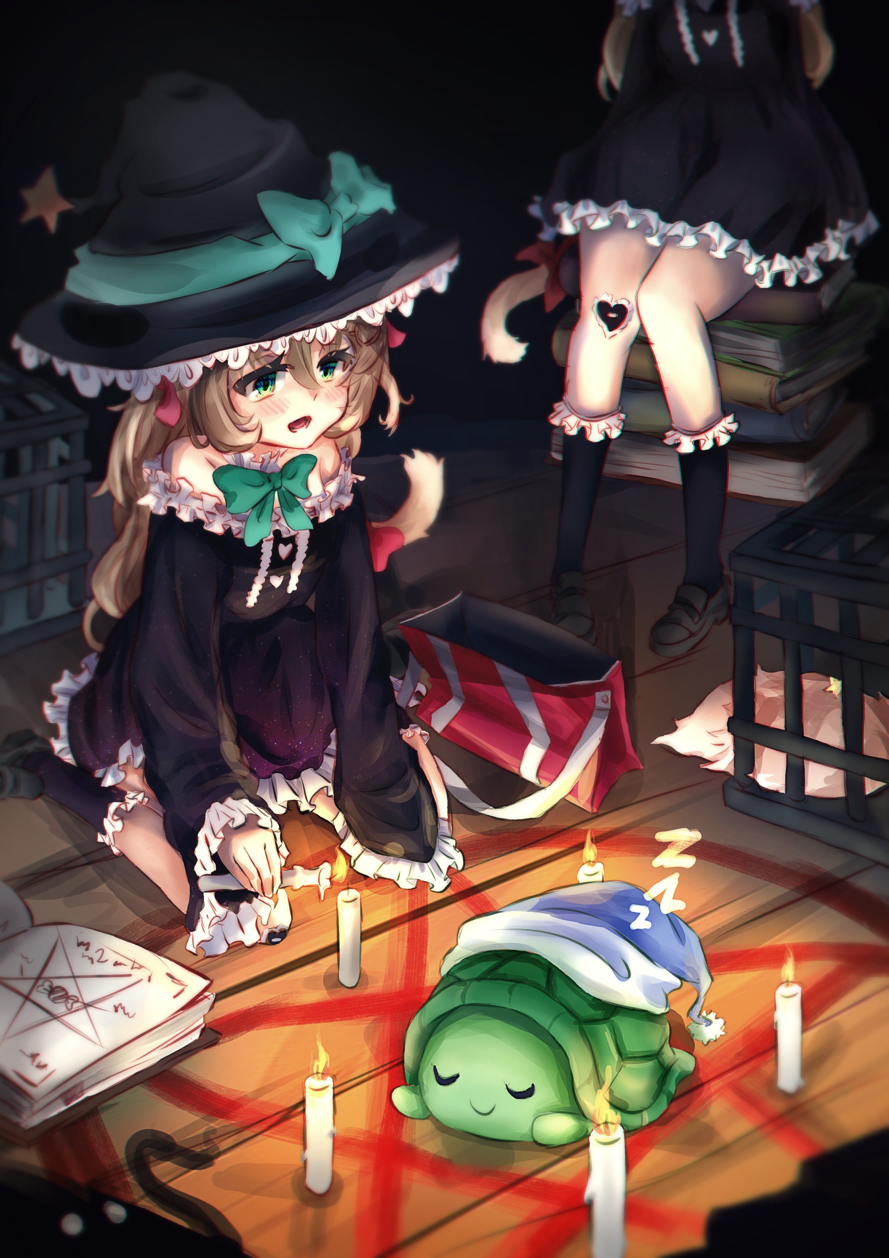 sfroshi, annytf, evil neuro-sama, neuro-sama, vedal987, absurdres, commentary, english commentary, highres, 2girls, :d, aqua bow, bag, bandaid, bandaid on knee, bandaid on leg, black dress, black hat, black shoes, black socks, book, book stack, bow, bowtie, buttons, cage, candle, cat girl, cat tail, dress, fox tail, frilled dress, frilled hat, frilled sleeves, frilled socks, frills, from above, green bow, green bowtie, green eyes, hair between eyes, hair ribbon, hat, hat bow, head out of frame, heart, heart-shaped bandaid, heart button, indoors, kneehighs, knees together feet apart, lighting candle, loafers, long sleeves, lower teeth only, multiple girls, nightcap, off-shoulder dress, off shoulder, open mouth, pentagram, pink ribbon, red bag, ribbon, ritual, shoes, short dress, shoulder bag, siblings, sisters, sitting, sleeping, smile, socks, summoning, tail, tail bow, tail ornament, teeth, turtle, twins, two side up, vedal ai, virtual youtuber, wariza, witch, witch hat, wooden floor