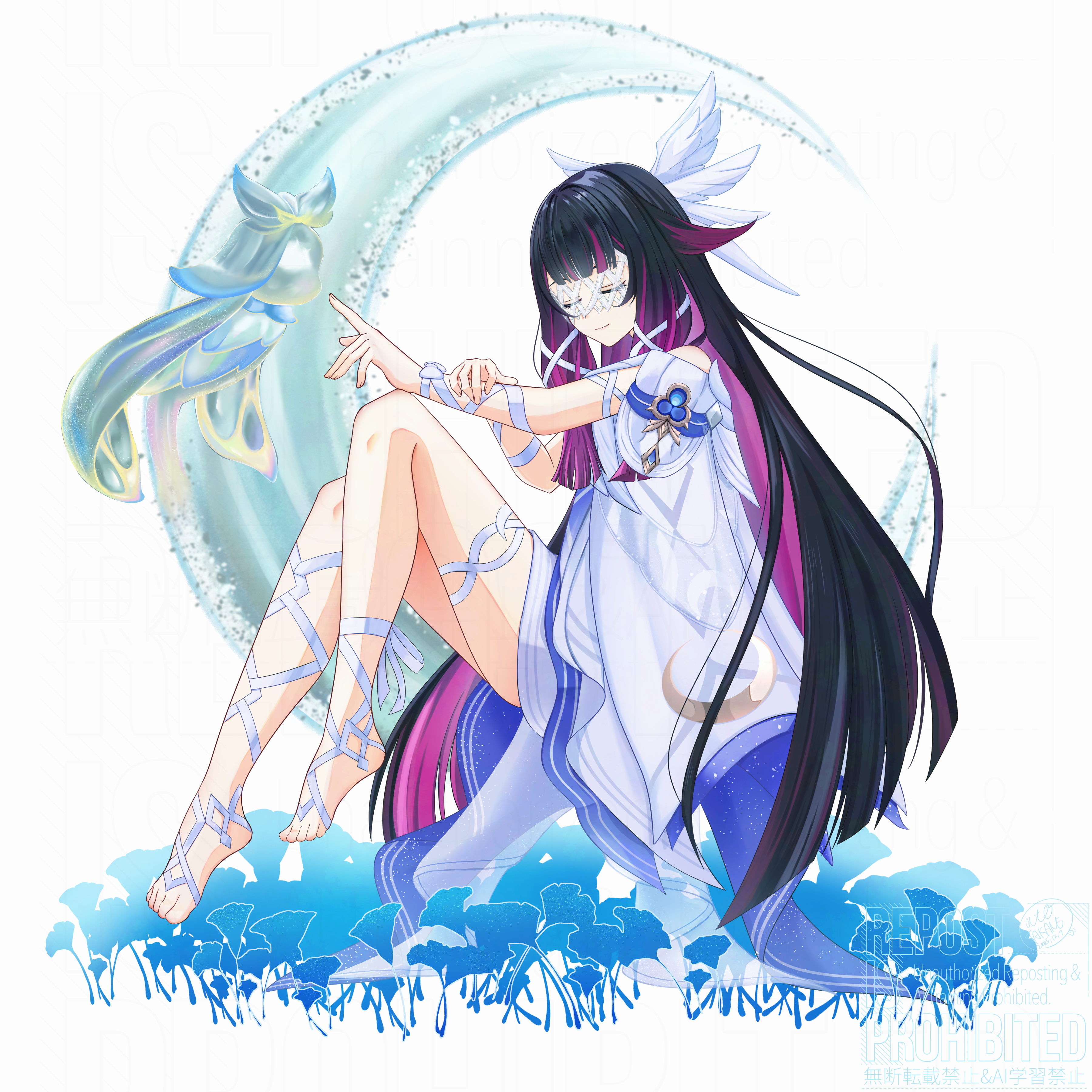 takane pato, columbina (genshin impact), genshin impact, absurdres, commentary request, highres, 1girl, black hair, closed eyes, closed mouth, colored inner hair, crescent, dress, feathered wings, full body, gradient hair, hair ribbon, head wings, kuuhenki (genshin impact), long hair, long sidelocks, multicolored hair, multiple wings, pink hair, ribbon, sidelocks, smile, very long hair, white background, white dress, white ribbon, white wings, wings