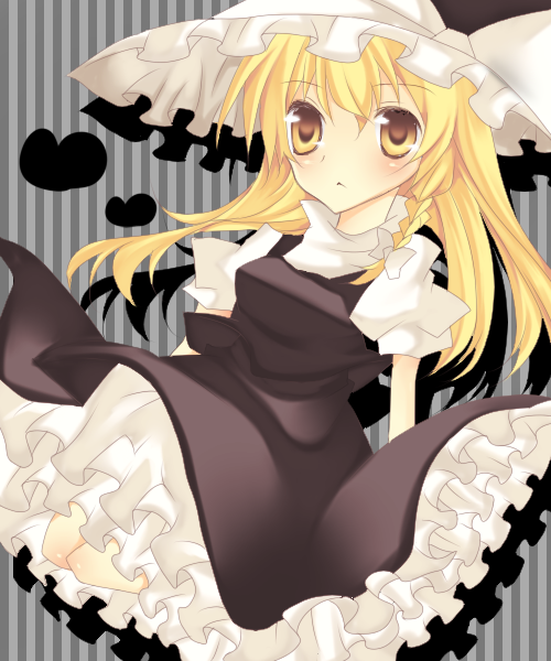 nayuta (artist), nayuta (scarlet-noize), kirisame marisa, touhou, bad id, 1girl, :<, black dress, blonde hair, bow, braid, dress, female focus, full body, hair bow, hat, hat bow, heart, kneeling, long hair, looking at viewer, puffy short sleeves, puffy sleeves, short sleeves, side braid, skirt, skirt set, solo, striped background, white bow, witch hat