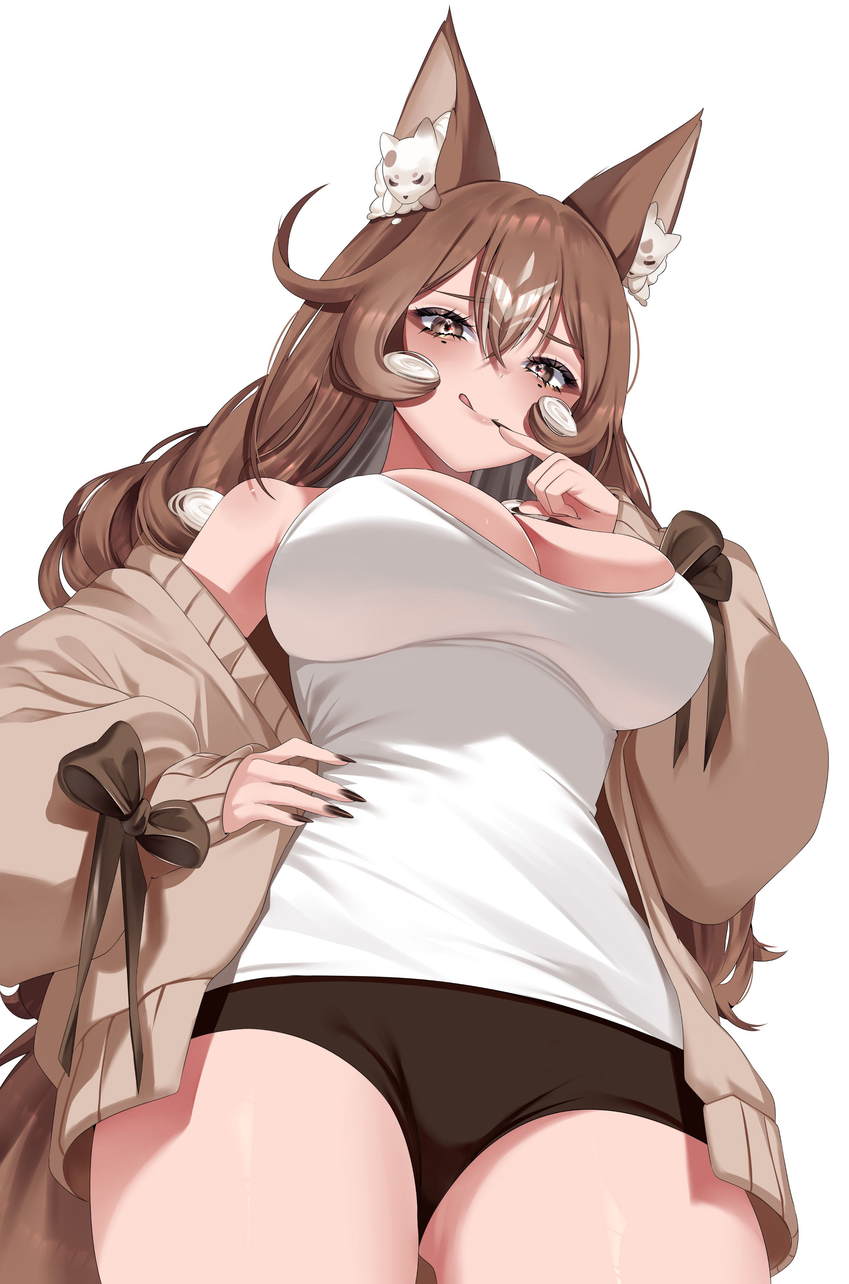 oioi ainomo, liyonoko (vtuber), indie virtual youtuber, absurdres, commission, highres, vgen commission, 1girl, :d, animal ear fluff, animal ears, breasts, brown cardigan, brown eyes, brown hair, brown ribbon, cardigan, closed mouth, cowboy shot, finger to mouth, fox ears, fox girl, fox tail, half-closed eyes, large breasts, long hair, looking at viewer, looking down, mature female, nail polish, open mouth, ribbon, short shorts, shorts, simple background, smile, solo, tail, tank top, thighs, tongue, tongue out, virtual youtuber, white background, white tank top