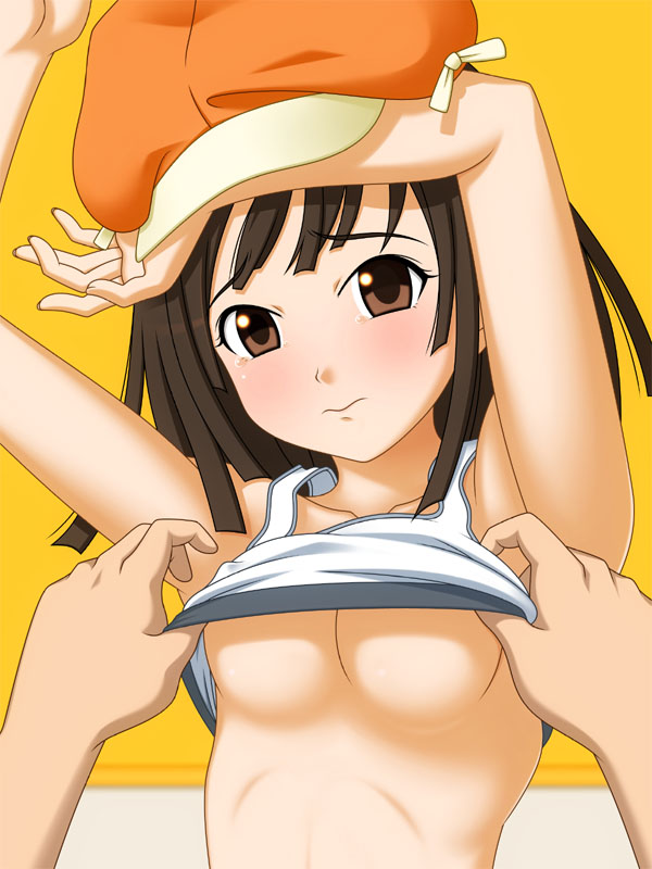 ito hajime, sengoku nadeko, bakemonogatari, monogatari (series), bad id, bad pixiv id, 00s, 1girl, armpits, arms up, blush, breasts, brown eyes, brown hair, clothes lift, hat, newsboy cap, no bra, shirt lift, short hair, underboob