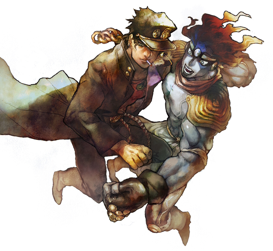 aoki (fumomo), kuujou joutarou, star platinum, jojo no kimyou na bouken, 2boys, cigarette, clenched hand, faux traditional media, gakuran, hat, male focus, multiple boys, school uniform, smoking, stand (jojo)