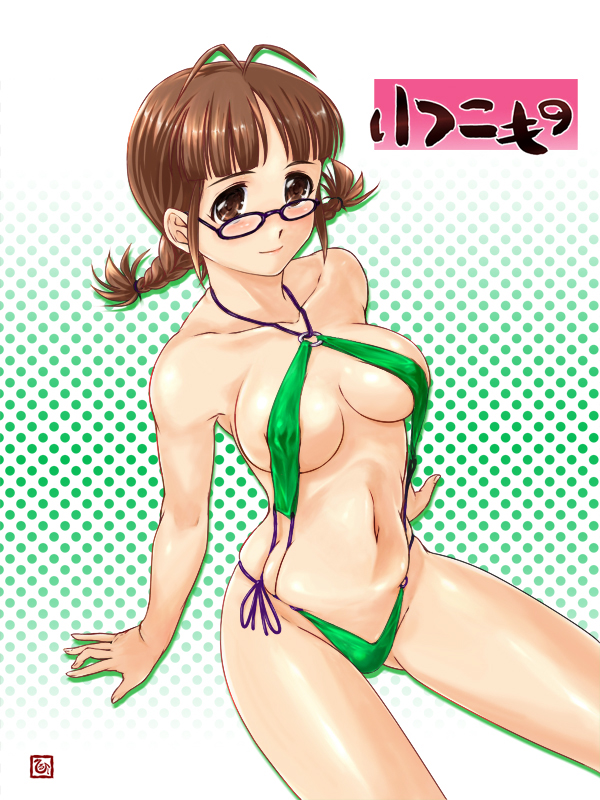 tachi hirushi, akizuki ritsuko, idolmaster, idolmaster (classic), 00s, 1girl, antenna hair, areola slip, bikini, breasts, brown eyes, brown hair, female focus, glasses, large breasts, nipples, see-through clothes, sitting, slingshot swimsuit, solo, swimsuit