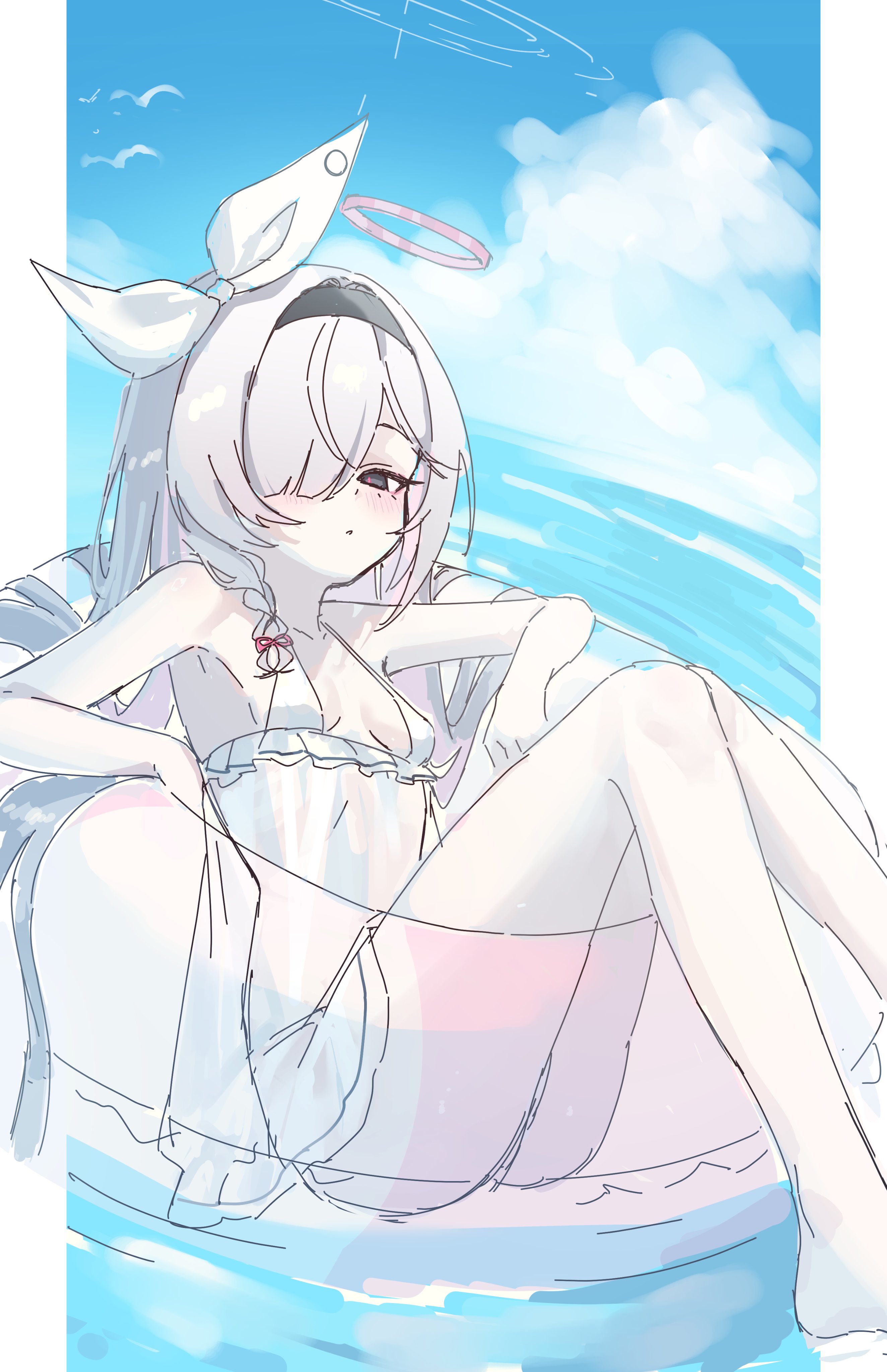 yu o015, plana (blue archive), blue archive, absurdres, commentary request, highres, 1girl, alternate costume, black eyes, black hairband, blush, braid, breasts, casual one-piece swimsuit, feet out of frame, hair over one eye, hair ribbon, hairband, halo, innertube, long hair, looking at viewer, ocean, on innertube, one-piece swimsuit, one eye covered, parted bangs, parted lips, pink halo, ribbon, single braid, small breasts, solo, swim ring, swimsuit, water, white hair, white one-piece swimsuit, white ribbon