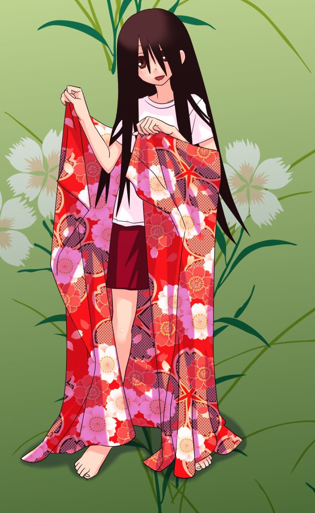 tana (cure-aqua), komori kiri, sayonara zetsubou sensei, bad id, bad pixiv id, 00s, 1girl, barefoot, black hair, blanket, female focus, long hair, puffy shorts, shirt, shorts, solo, t-shirt