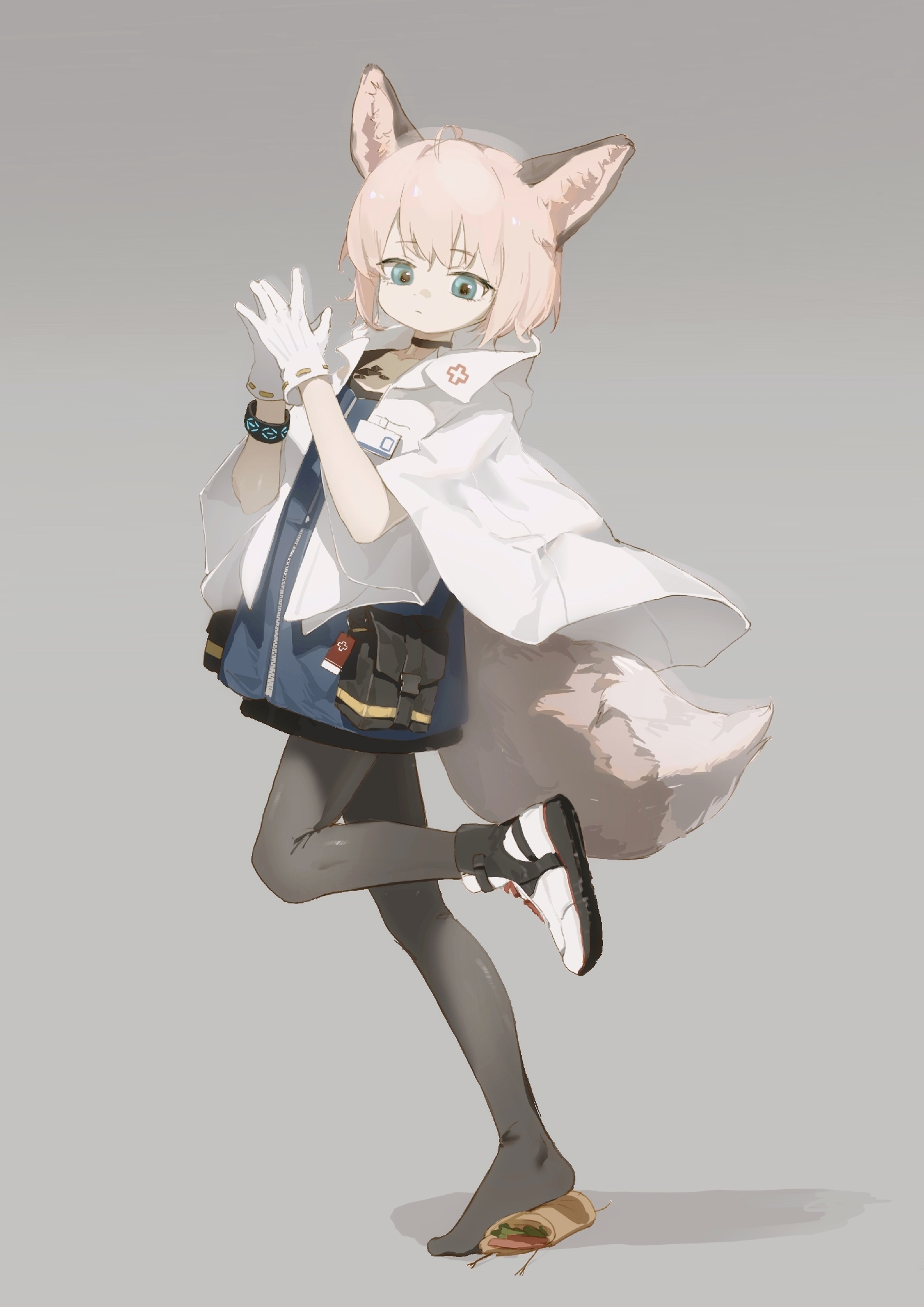 neko blow, infection monitor (arknights), sussurro (arknights), arknights, chinese commentary, commentary request, highres, 1girl, ahoge, animal ear fluff, animal ears, black choker, black pantyhose, black shoes, black skirt, blue eyes, blue shirt, cape, choker, closed mouth, cross, expressionless, food, fox ears, fox girl, fox tail, full body, gloves, grey background, hood, hood down, hooded cape, looking at viewer, material growth, multicolored shoes, oripathy lesion (arknights), own hands together, pantyhose, pink hair, pouch, red cross, red shoes, shirt, shoes, short hair, simple background, single shoe, skirt, sneakers, solo, standing, standing on one leg, tail, white cape, white gloves, white shoes