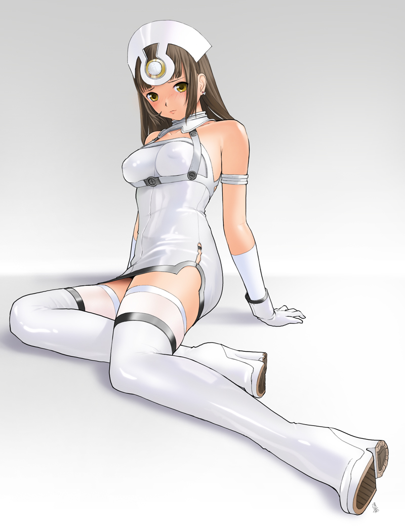 yukiyoshi, original, 1girl, bare shoulders, boots, brown hair, female focus, gloves, long hair, minidress, side slit, solo, thighhighs, white gloves, yellow eyes