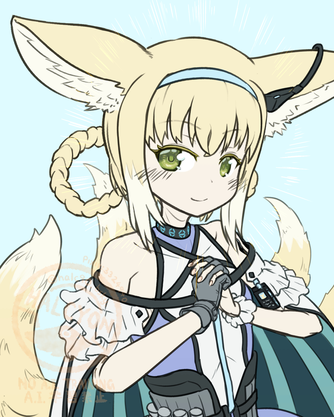 halcyon (halcyon90), suzuran (arknights), arknights, commentary request, highres, 1girl, animal ears, bare shoulders, black gloves, blonde hair, blue hairband, braid, fox ears, fox tail, gloves, green eyes, hairband, multicolored hair, own hands together, single glove, smile, solo, tail