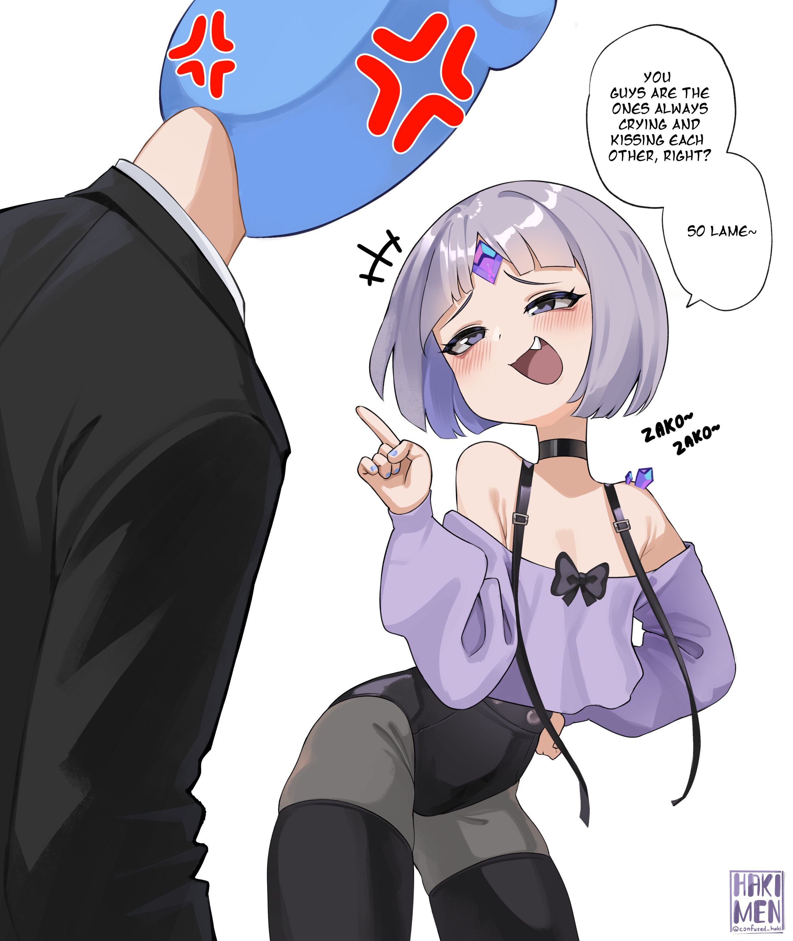 hakimen, kronie (ouro kronii), pebble (koseki bijou), hololive, hololive english, absurdres, commentary, english commentary, highres, 1boy, 1other, :d, androgynous, anger vein, bare shoulders, black bow, black bowtie, black choker, black eyes, black shorts, blunt bangs, blush, bob cut, bow, bowtie, choker, cowboy shot, fang, forehead jewel, gem, grey hair, grey pantyhose, hand on own hip, high-waist shorts, long sleeves, off-shoulder sweater, off shoulder, open mouth, pantyhose, personification, pointing, purple gemstone, purple sweater, short hair, shorts, simple background, smile, strap, sweater, virtual youtuber, white background