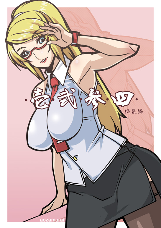 nek, 1girl, adjusting eyewear, armpits, bare shoulders, between breasts, black thighhighs, blonde hair, blue eyes, breasts, curvy, female focus, glasses, hip focus, large breasts, long hair, necktie, pencil skirt, ponytail, skirt, sleeveless, solo, square-end necktie, thighhighs, wide hips