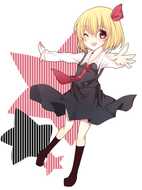 nayuta (artist), nayuta (scarlet-noize), rumia, embodiment of scarlet devil, touhou, bad id, 1girl, ;d, bad feet, black dress, black socks, blonde hair, collared shirt, dress, female focus, flat chest, hair between eyes, hair ribbon, kneehighs, long sleeves, looking at viewer, necktie, no shoes, one eye closed, open mouth, outstretched arms, red eyes, red necktie, red ribbon, ribbon, shirt, short hair, smile, socks, solo, star (symbol), star symbol background, white background, white shirt