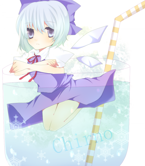 nayuta (artist), nayuta (scarlet-noize), cirno, touhou, blue hair, cup, drinking straw, hair ribbon, in container, in cup, mini person, minigirl, ribbon, snowflakes, solo, wings