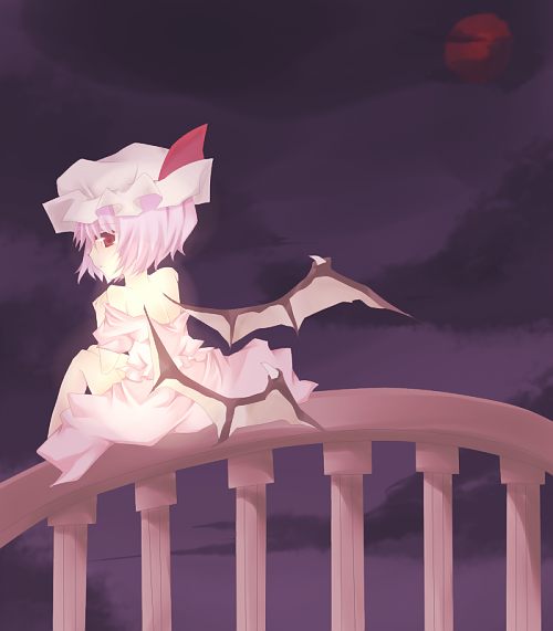 nayuta (artist), nayuta (scarlet-noize), remilia scarlet, touhou, light purple hair, bad id, 1girl, back, balcony, bare shoulders, bat wings, closed mouth, cloud, cloudy sky, female focus, full body, full moon, hat, looking at viewer, looking back, mob cap, moon, night, night sky, pink shirt, pink skirt, red eyes, red moon, shirt, short hair, sitting, skirt, sky, solo, wings