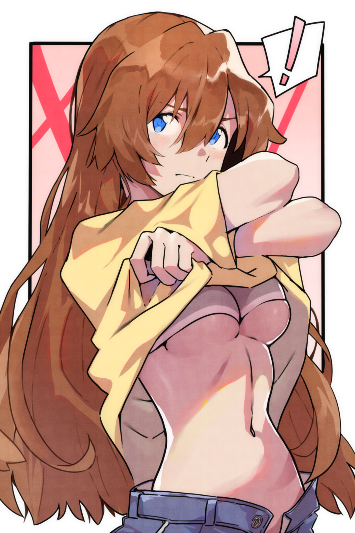 yagisawa teru, souryuu asuka langley, neon genesis evangelion, rebuild of evangelion, commentary request, highres, !, 1girl, blue eyes, blush, border, bra, breasts, closed mouth, clothes lift, cowboy shot, denim, hair between eyes, light blush, long hair, looking at viewer, medium breasts, midriff, navel, open clothes, open fly, orange hair, outside border, pants, shirt, shirt lift, short sleeves, simple background, skindentation, solo, spoken exclamation mark, stomach, underboob, underwear, undressing, upper body, very long hair, white border, white bra, yellow shirt