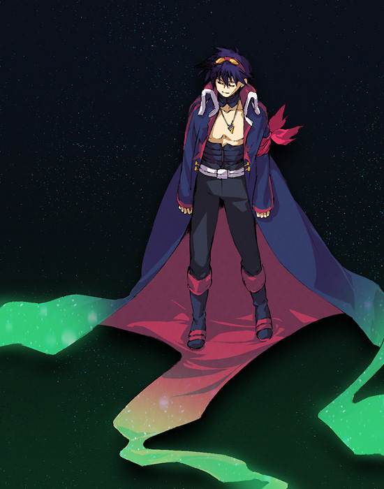 akutsu (yuumi), simon (ttgl), tengen toppa gurren lagann, 00s, 1boy, armband, arms at sides, belt, black boots, black pants, blue coat, blue hair, boots, closed eyes, closed mouth, coat, collar, collarbone, drill, full body, glowing, goggles, goggles on head, jewelry, knee boots, long coat, long sleeves, male focus, necklace, open clothes, open coat, pants, sky, sleeves past wrists, smile, solo, space, standing, star (sky), starry sky