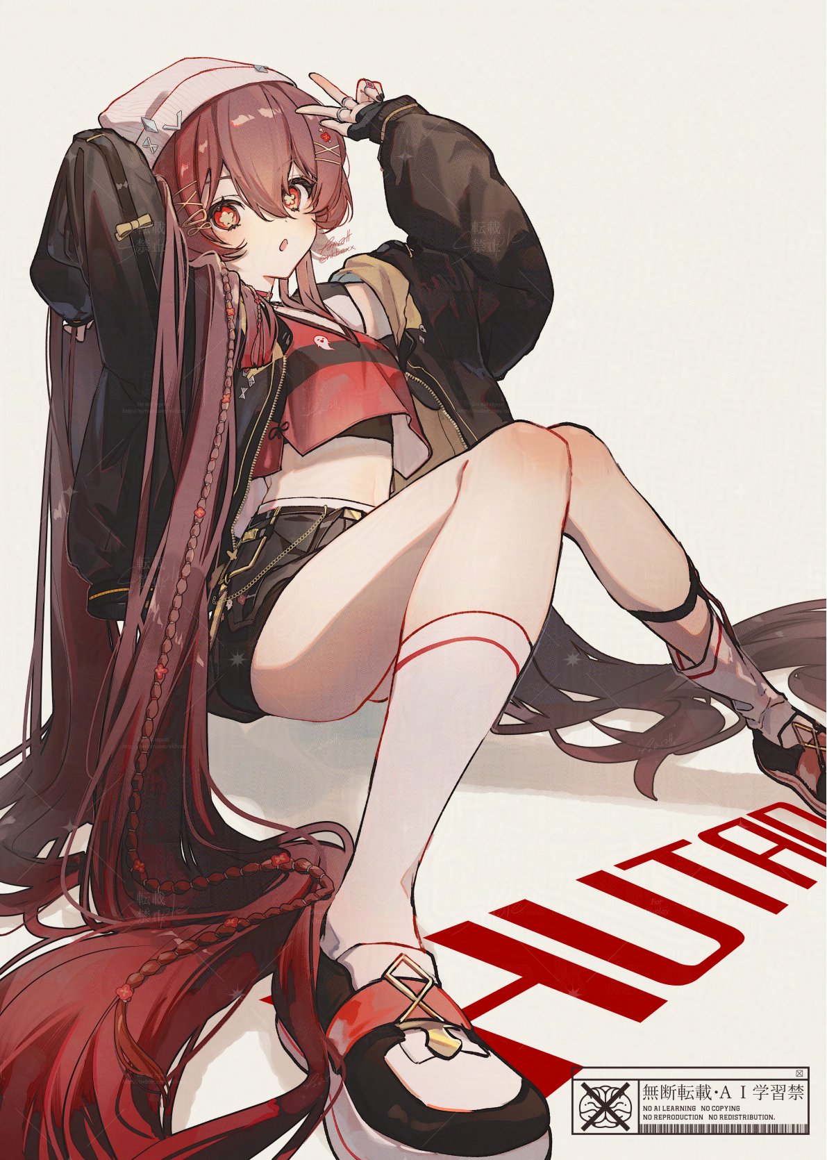 nakaba (mode), hu tao (galaxy store) (genshin impact), hu tao (genshin impact), genshin impact, commentary request, highres, 1girl, beanie, black gloves, black skirt, brown hair, brown jacket, character name, flower-shaped pupils, foot out of frame, gloves, hair between eyes, hat, jacket, jewelry, long hair, looking at viewer, midriff, multiple rings, official alternate costume, open clothes, open jacket, open mouth, red eyes, red shirt, ring, shirt, shoes, skirt, socks, solo, symbol-shaped pupils, twintails, v, very long hair, white hat, white socks