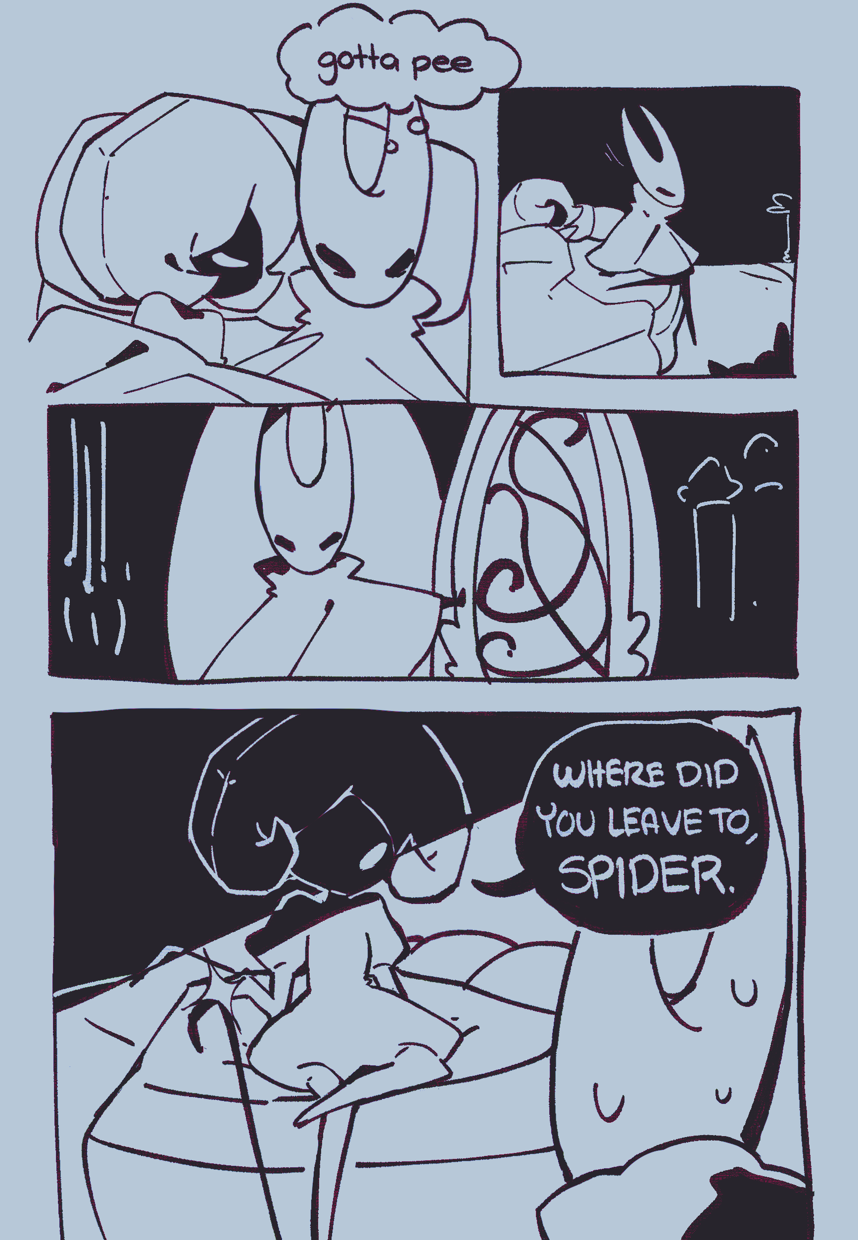 momoiiroo, hornet (hollow knight), lace (hollow knight), hollow knight, hollow knight: silksong, absurdres, commentary, english commentary, highres, 2girls, arthropod girl, cloak, colored skin, colored speech bubble, crossed legs, door, empty eyes, english text, holding, holding weapon, horns, indoors, monochrome, multiple girls, on bed, pillow, pin (hollow knight), sitting, speech bubble, thought bubble, weapon, yandere, yuri