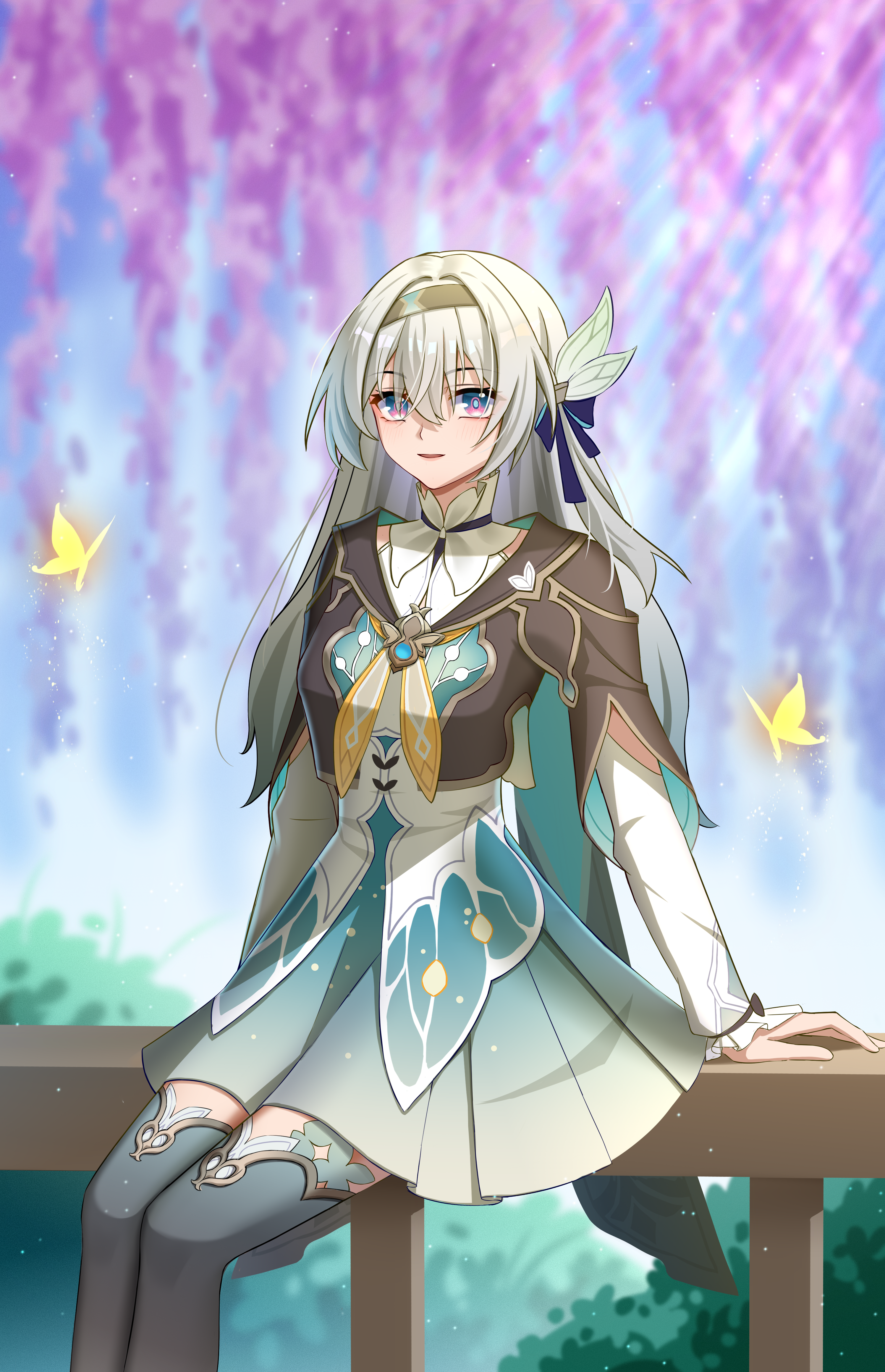 shahua wuyao, firefly (honkai: star rail), honkai: star rail, honkai (series), absurdres, commentary request, highres, 1girl, black hairband, black jacket, bug, butterfly, dress, gradient hair, green dress, green hair, green thighhighs, grey hair, hair between eyes, hair ornament, hairband, insect, jacket, long hair, long sleeves, multicolored hair, neckerchief, orange neckerchief, parted lips, pink eyes, solo, thighhighs, wide sleeves, yellow butterfly