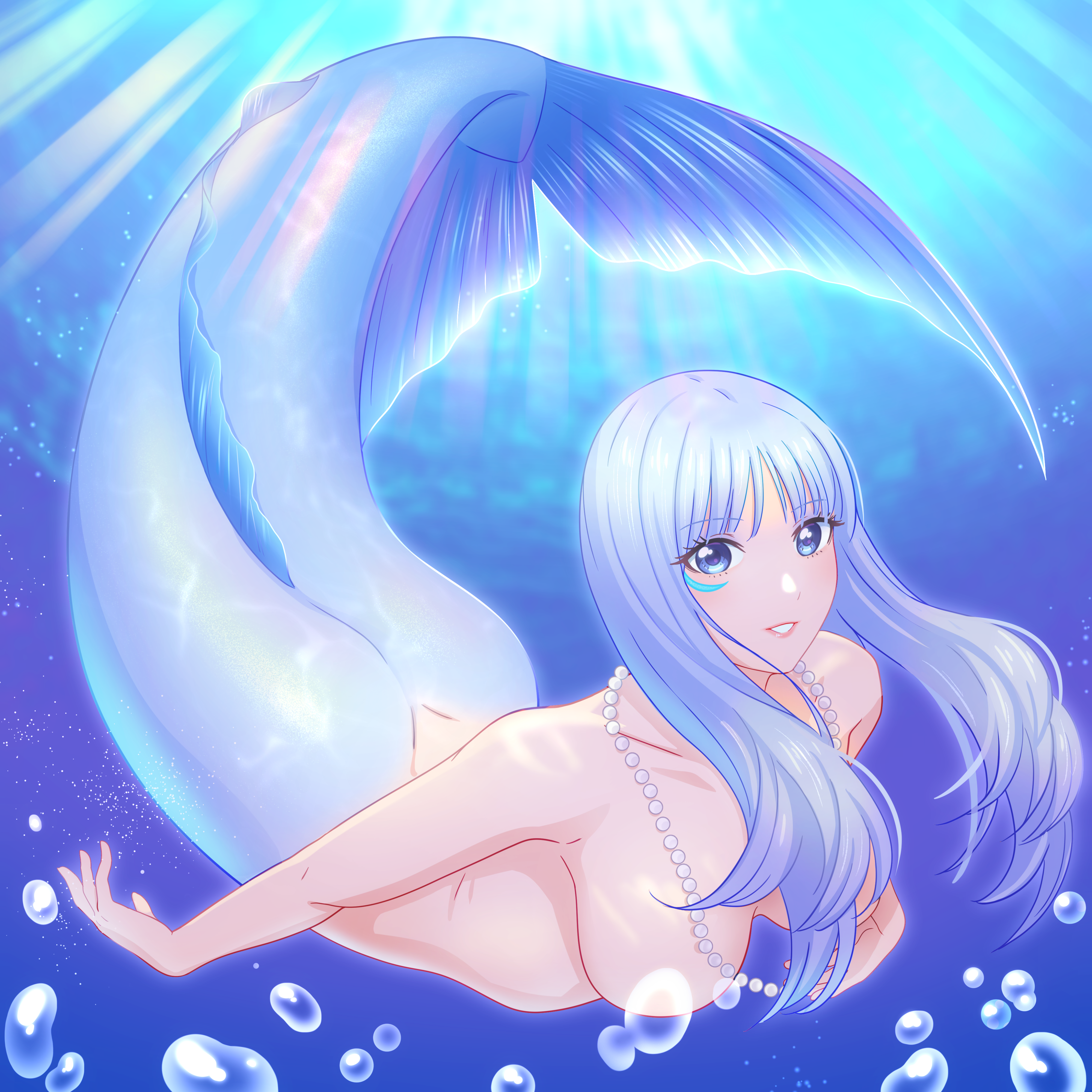 kiria021, original, absurdres, commentary, english commentary, highres, revision, 1girl, air bubble, blue eyes, blue hair, blue tail, breasts, bubble, collarbone, completely nude, convenient censoring, fins, happy anniversary, large breasts, looking at viewer, mermaid, mizushima manami (kiria021), monster girl, nude, smile, solo, swimming, underwater