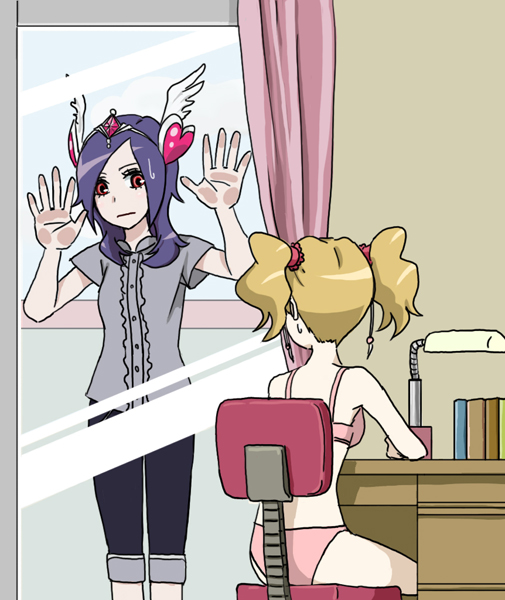 creap (creapkun), kusugi tai, higashi setsuna, momozono love, stalker, fresh precure!, precure, bad id, bad pixiv id, 00s, 2girls, against glass, bra, desk, earrings, jewelry, lingerie, multiple girls, panties, purple hair, sitting, stalking, sweat, sweatdrop, twintails, underwear, underwear only