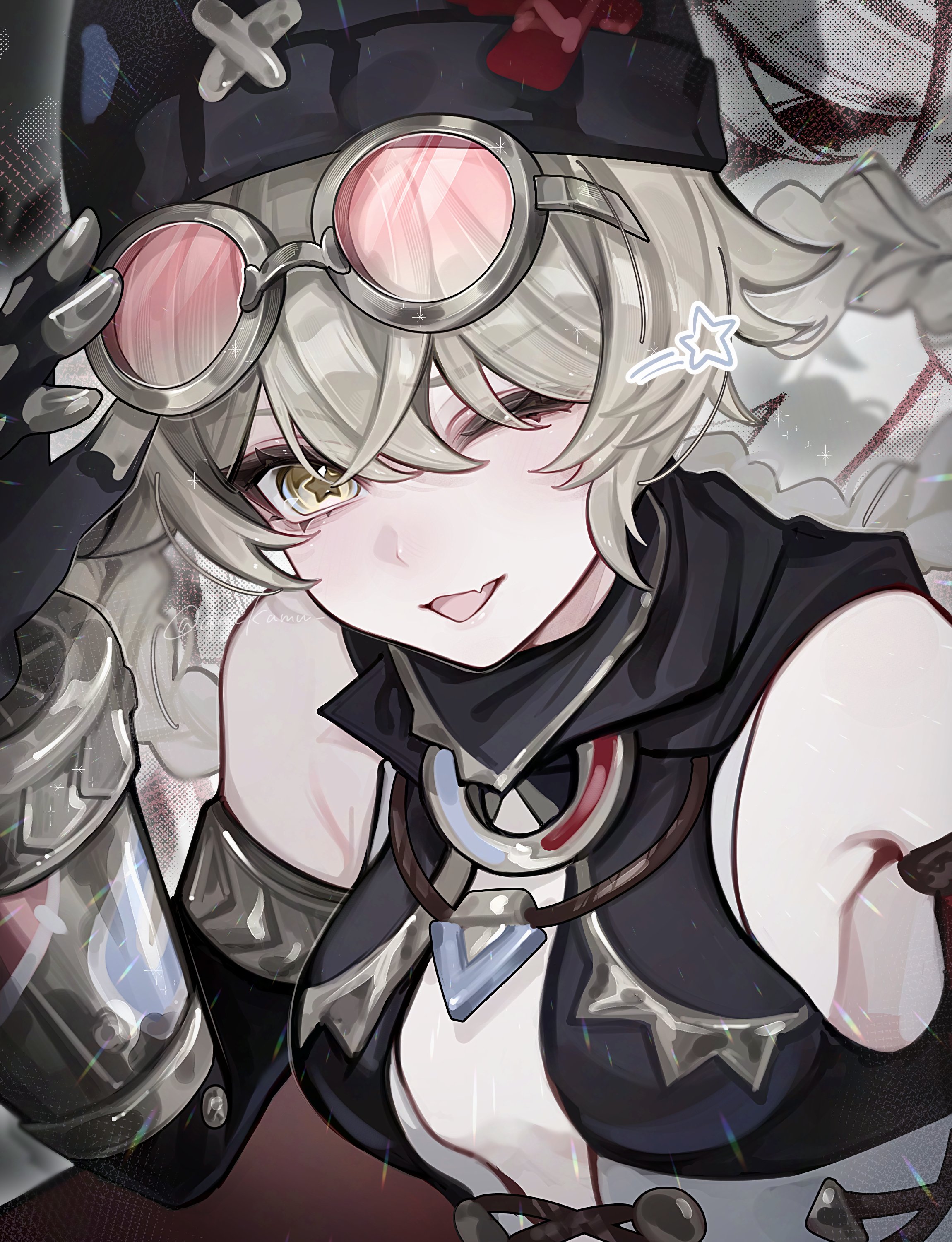 amekamu, jahoda (genshin impact), genshin impact, absurdres, commentary, hashtag-only commentary, highres, symbol-only commentary, 1girl, adjusting eyewear, bare shoulders, beanie, black hat, black scarf, blonde hair, braid, braided hair rings, breasts, center opening, fang, goggles, goggles on head, hair between eyes, hair rings, hand on eyewear, hat, looking at viewer, mechanical arms, one eye closed, open mouth, prosthesis, prosthetic arm, scarf, single mechanical arm, skin fang, small breasts, solo, star-shaped pupils, star (symbol), symbol-shaped pupils, tinted eyewear, upper body, wink star, yellow eyes