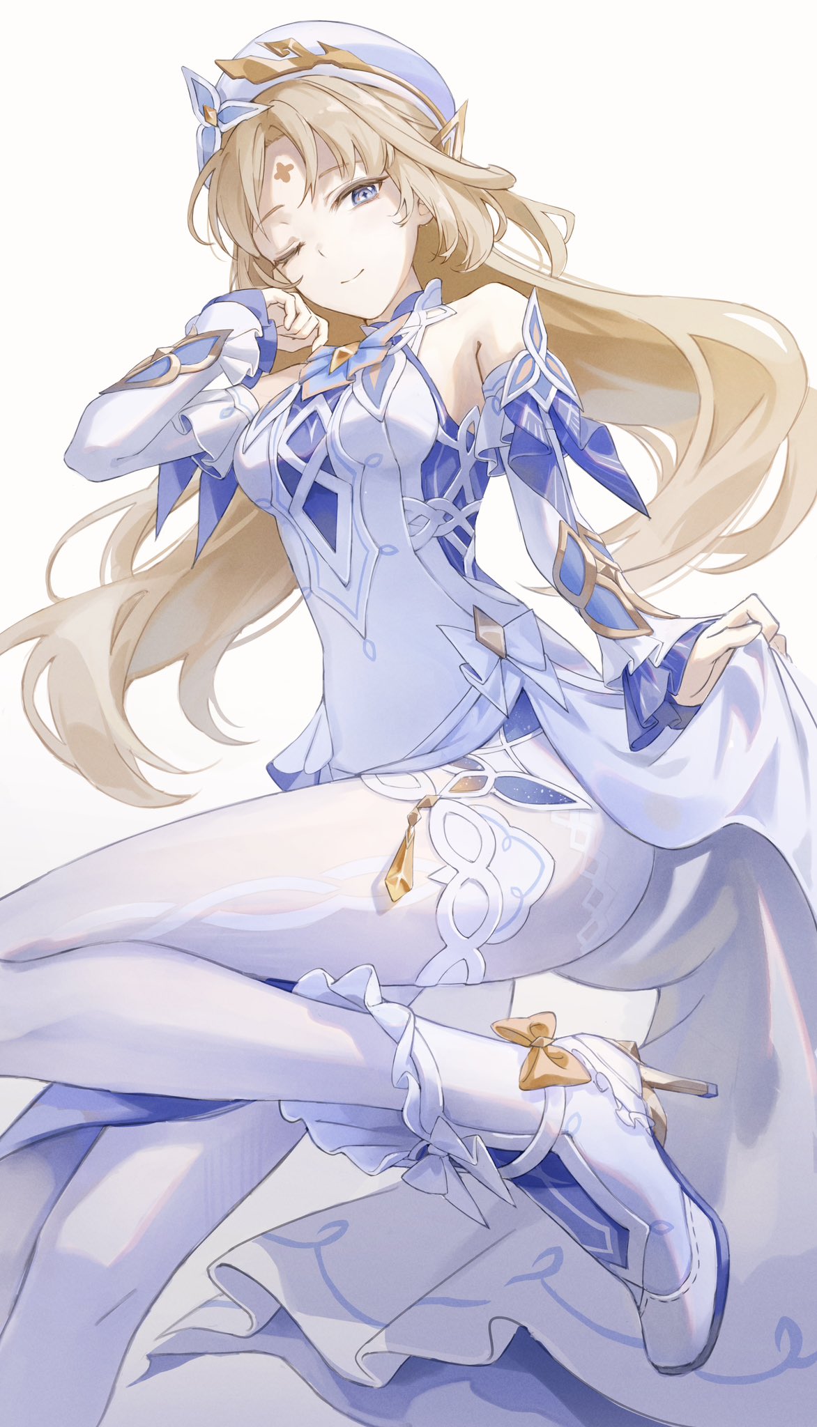 haru same322, nicole reeyn, genshin impact, commentary request, highres, 1girl, bare shoulders, blonde hair, blue eyes, boots, closed mouth, detached sleeves, dress, floating hair, hand up, hat, high heel boots, high heels, lifting own clothes, long hair, long sleeves, looking at viewer, one eye closed, pantyhose, smile, standing, standing on one leg, symbol-shaped pupils, thighs, white boots, white dress, white hat, white pantyhose