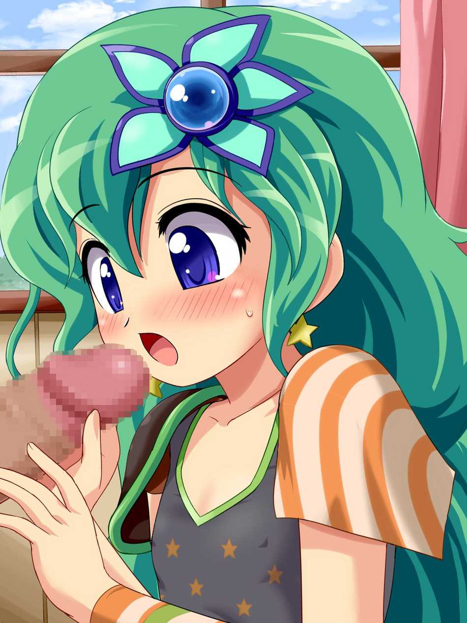 konpeto, rydia (ff4), final fantasy, final fantasy iv, highres, 1990s (style), blue eyes, blush, censored, dark penis, green hair, hair ornament, handjob, loli, open mouth, penis, penis awe, retro artstyle, star (symbol), sweat