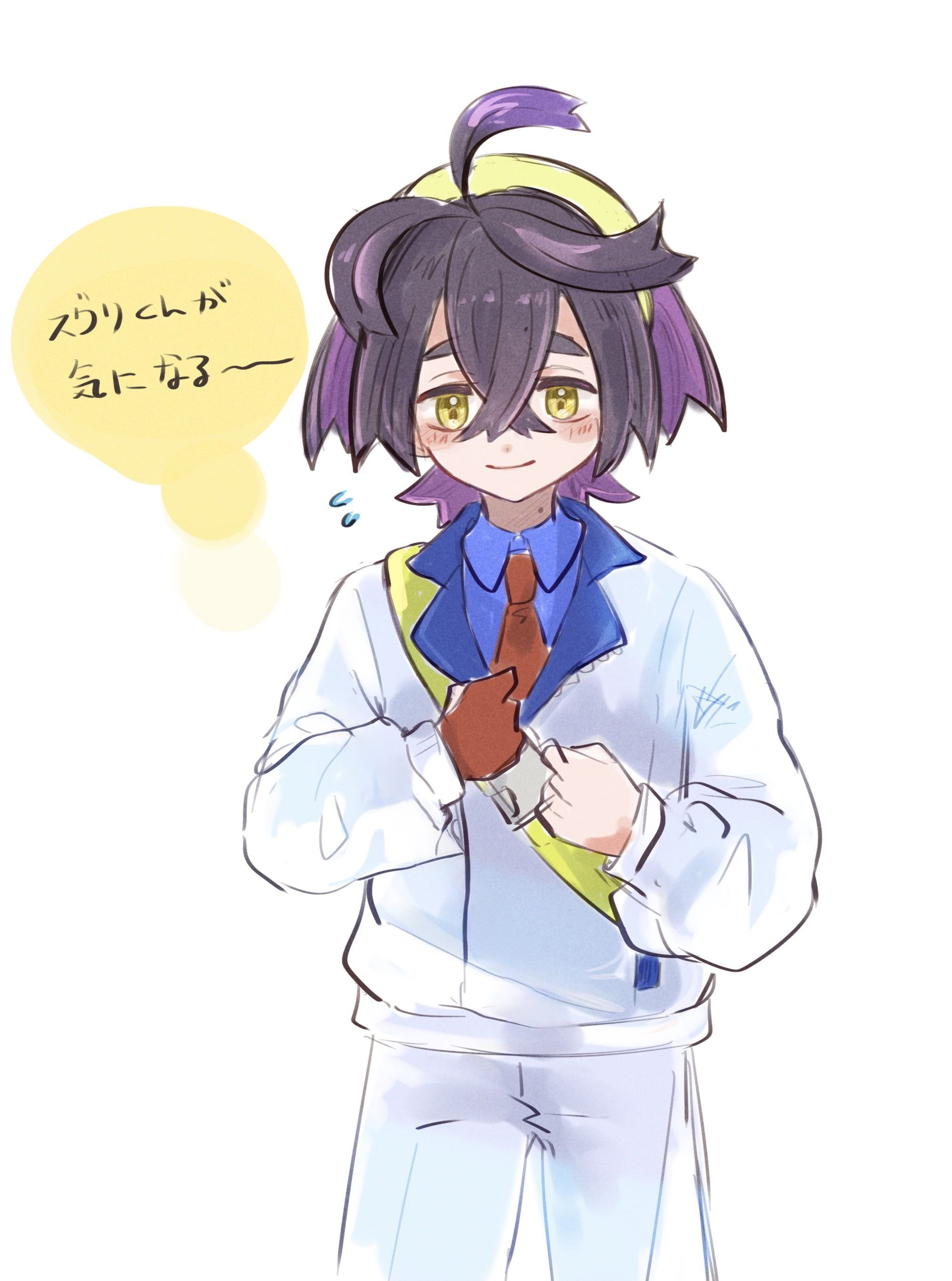 ria1105, kieran (pokemon), nintendo, pokemon, pokemon sv, absurdres, commentary request, highres, translation request, 1boy, ahoge, black hair, blue shirt, blush, closed mouth, collared shirt, colored inner hair, crossed bangs, flying sweatdrops, gloves, hair between eyes, hairband, jacket, long sleeves, male focus, multicolored hair, necktie, red gloves, red necktie, shirt, shorts, single glove, smile, solo, strap, white background, white jacket, yellow eyes, yellow hairband