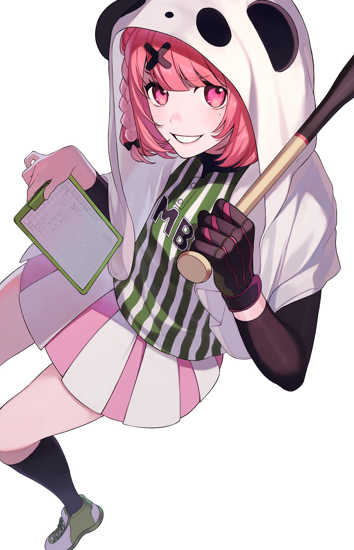 zmzm hiji, sasaki saku, sasaki saku (6th costume), nijisanji, commentary request, highres, textless version, variant set, 1girl, adapted costume, animal hood, baseball bat, baseball jersey, black sleeves, black socks, braid, clipboard, clothes writing, foot out of frame, gloves, green shirt, green shoes, grin, hair ornament, hands up, holding, holding baseball bat, holding clipboard, hood, hood up, hooded jacket, jacket, jersey, kneehighs, light blush, lips, looking at viewer, medium hair, miniskirt, mole, mole under eye, nijisanji koshien, open clothes, open jacket, panda hood, pink eyes, pink hair, pink skirt, purple gloves, shirt, shoes, side braid, simple background, single glove, skirt, smile, socks, solo, striped clothes, striped shirt, striped skirt, vertical-striped clothes, vertical-striped shirt, vertical-striped skirt, virtual youtuber, white background, white jacket, white skirt, x hair ornament
