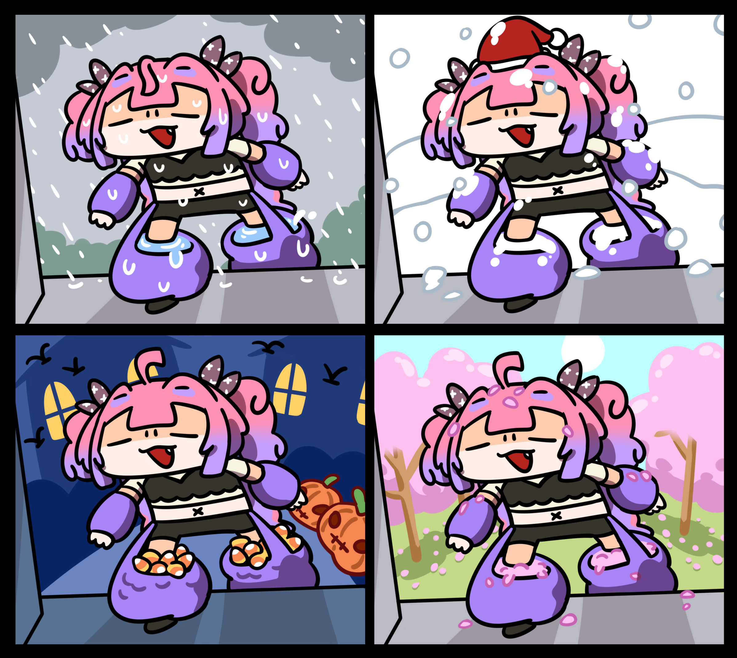 keenbiscuit, kikirara vivi, kikirara vivi (1st costume), hololive, hololive dev is, highres, 1girl, ahoge, candy, candy corn, cherry blossoms, fang, food, hat, jack-o'-lantern, midriff, multicolored hair, parody, pink hair, pink petals, purple hair, rain, santa hat, seasons, snow, twintails, two-tone hair, virtual youtuber, wet, x navel