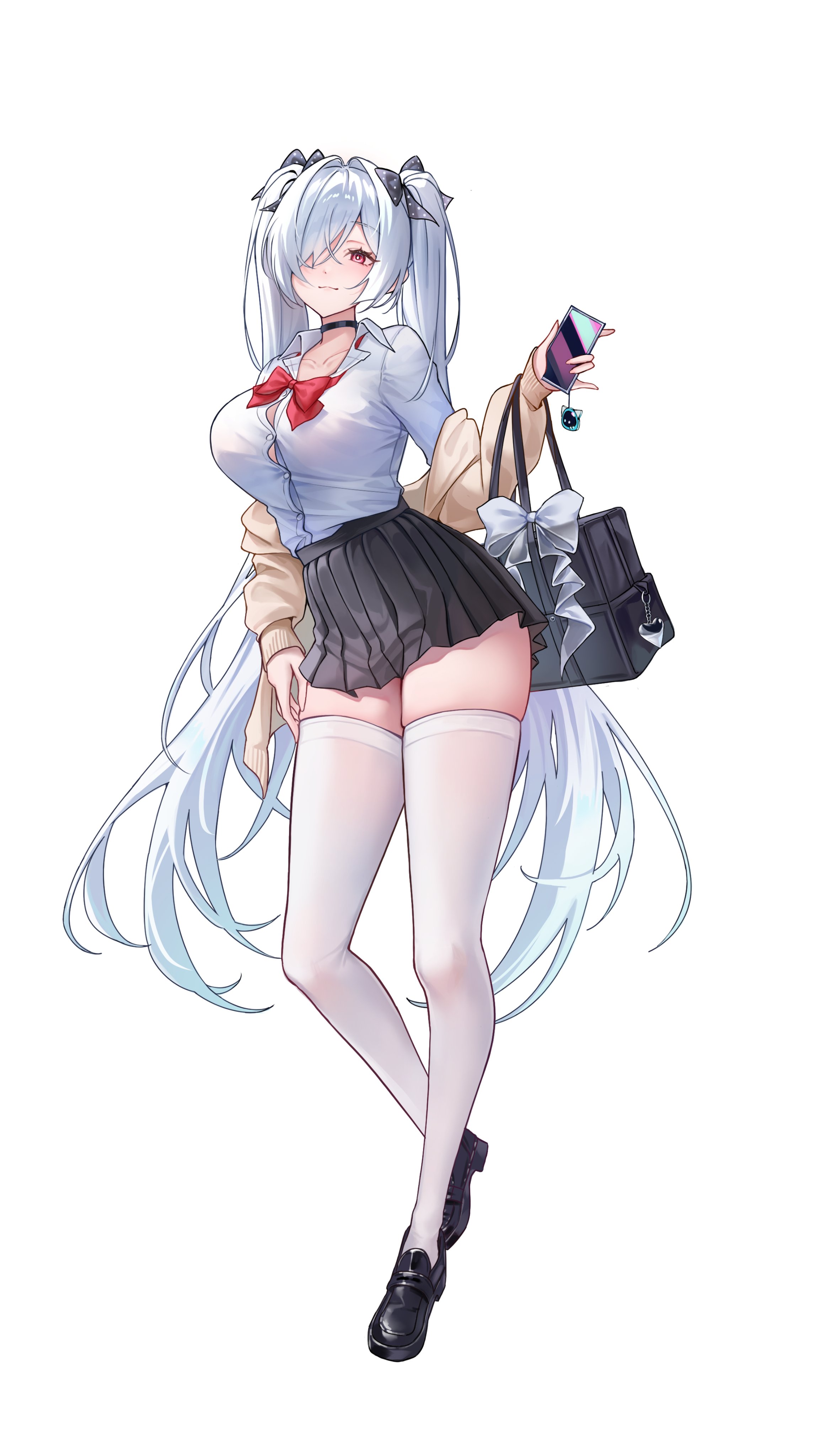 cela (akeeeeee675), cinderella (nikke), goddess of victory: nikke, absurdres, hashtag-only commentary, highres, 1girl, alternate costume, bag, black choker, black shoes, black skirt, bow, bowtie, breasts, cellphone, choker, closed mouth, full body, hair over one eye, hand up, holding, holding phone, large breasts, loafers, long hair, long sleeves, looking at viewer, phone, red bow, red bowtie, red eyes, school bag, school uniform, shirt, shoes, simple background, skirt, smartphone, smile, solo, standing, thighhighs, twintails, very long hair, white background, white hair, white shirt, white thighhighs, zettai ryouiki