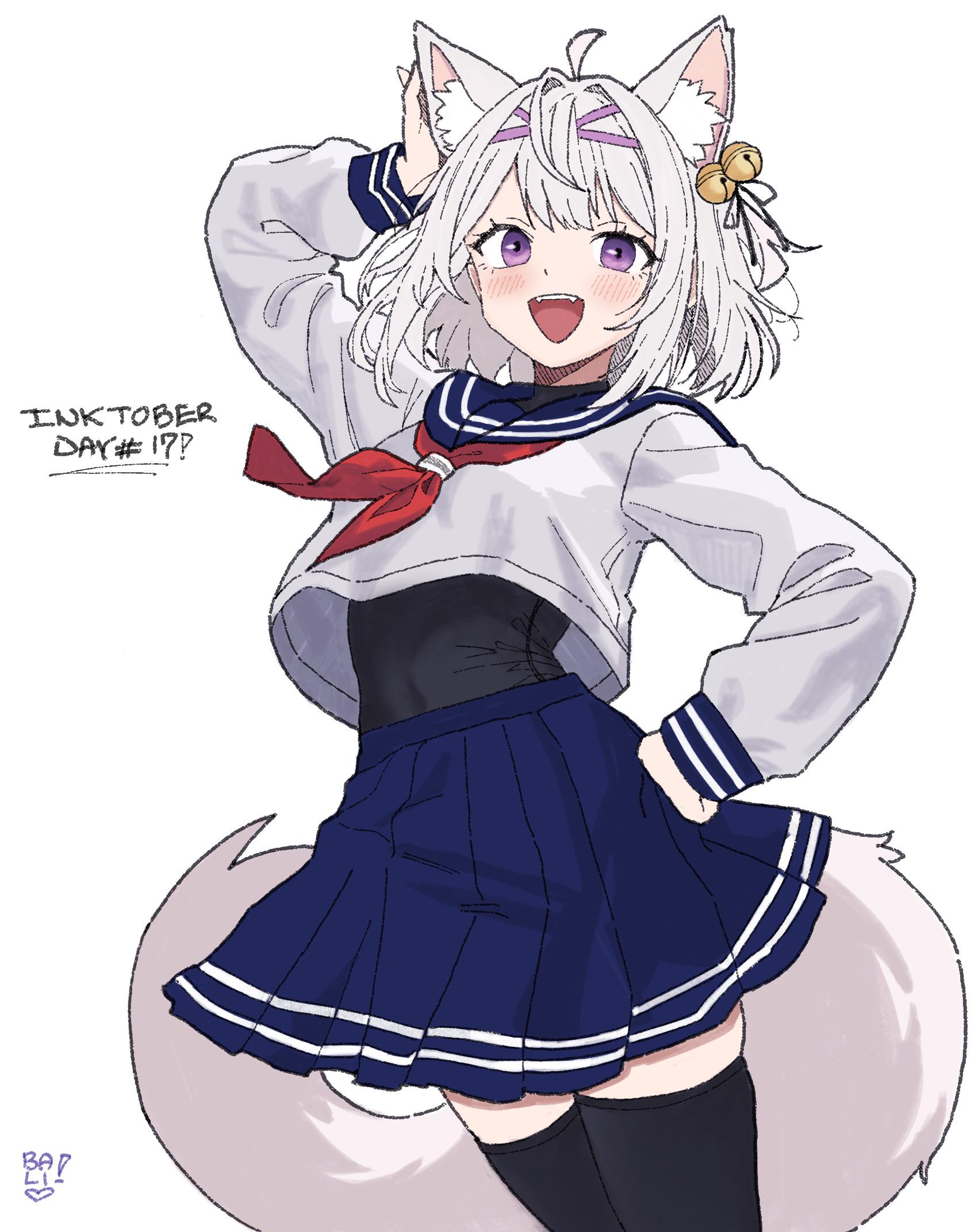 filian (vtuber), rindo (vrchat), indie virtual youtuber, commentary, english commentary, highres, 1girl, ahoge, animal ear fluff, animal ears, bell, black leotard, black ribbon, black thighhighs, blue sailor collar, blue skirt, cat ears, cat girl, cat tail, collared shirt, eyelashes, fangs, hair bell, hair intakes, hair ornament, hair ribbon, hand on own head, hand on own hip, inktober, leotard, leotard under clothes, long sleeves, open mouth, purple eyes, ribbon, sailor collar, school uniform, serafuku, shelovesbali, shirt, simple background, skirt, smile, solo, tail, teeth, thighhighs, upper teeth only, virtual youtuber, white background, white hair, white shirt