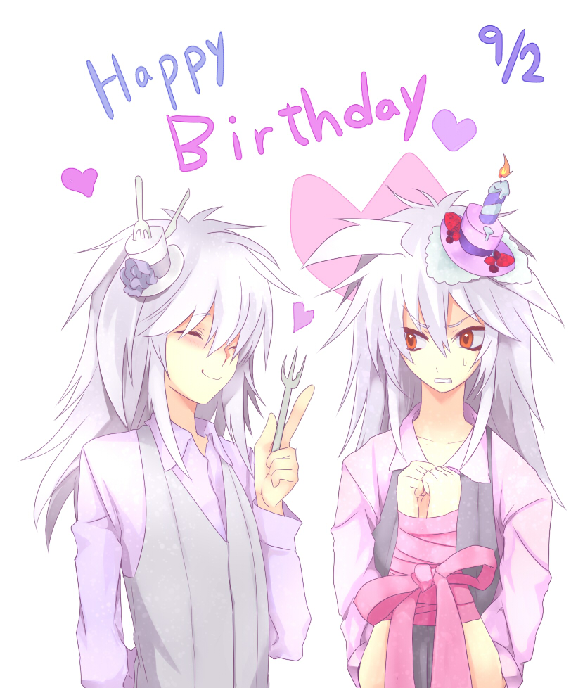 okura shinji, bakura ryou, yami bakura, yu-gi-oh!, yu-gi-oh! duel monsters, yuu-gi-ou, bad id, bad pixiv id, 2boys, birthday, candle, hat, heart, male focus, multiple boys, pink theme, ribbon, silly hat, white hair