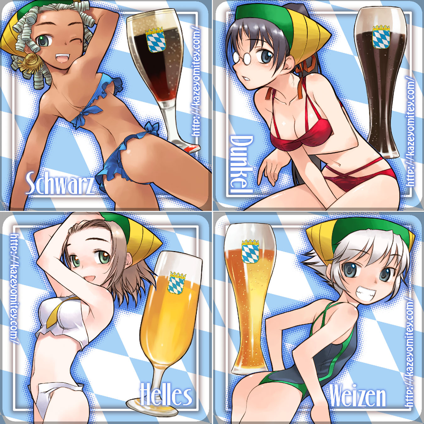 nakamura tetsuya, greta (dragon steak!), izuna (dragon steak!), lipton (dragon steak!), nanase (dragon steak!), dragon steak! (manga), original, bad id, bad pixiv id, highres, 4girls, alcohol, ass, beer, bikini, breasts, cleavage, dark-skinned female, dark skin, fake horns, frilled bikini, frills, german text, glasses, grin, hat, horns, medium breasts, multiple girls, oktoberfest, one-piece swimsuit, one-piece thong, one eye closed, panties, personification, ponytail, sideboob, smile, swimsuit, thong, thong bikini, underwear, wink
