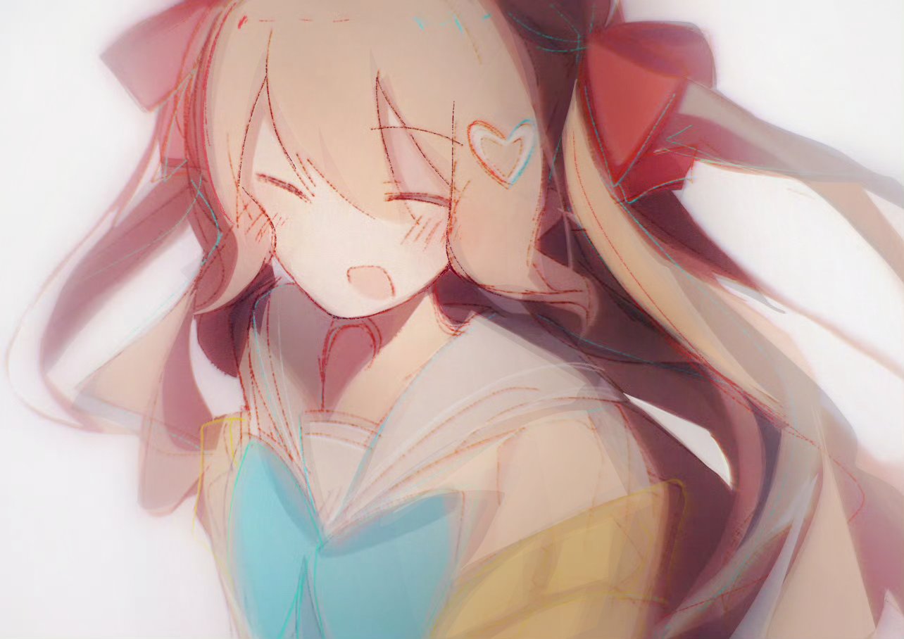 neuro-sama, 1girl, :d, blue bow, blue bowtie, blue sailor collar, blush, bow, bowtie, brown hair, cardigan, cardigan partially removed, chromatic aberration, closed eyes, e douraze, floating hair, from above, hair between eyes, hair ornament, hair ribbon, heart, heart hair ornament, long hair, no nose, open mouth, red ribbon, ribbon, sailor collar, smile, solo, two side up, vedal ai, virtual youtuber, white background, yellow cardigan