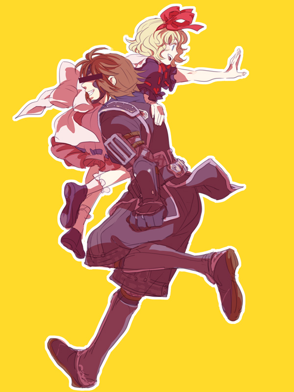 emu (losspass), kitanai ninja, medicine melancholy, final fantasy, final fantasy xi, the iron of yin and yang, touhou, 00s, 1boy, 1girl, bar censor, blonde hair, blue eyes, brown hair, carrying, carrying over shoulder, censored, crossover, hair ribbon, hetero, kasamatsu nobuo, ribbon, short hair, yellow background